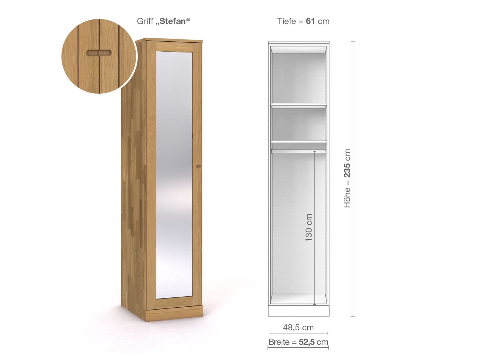 Schrank „Alpenrose“ aus Eiche Hell, 1-türig, Höhe 235 cm, Griffausführung „Stefan“, Inneneinrichtung A, Türanschlag links