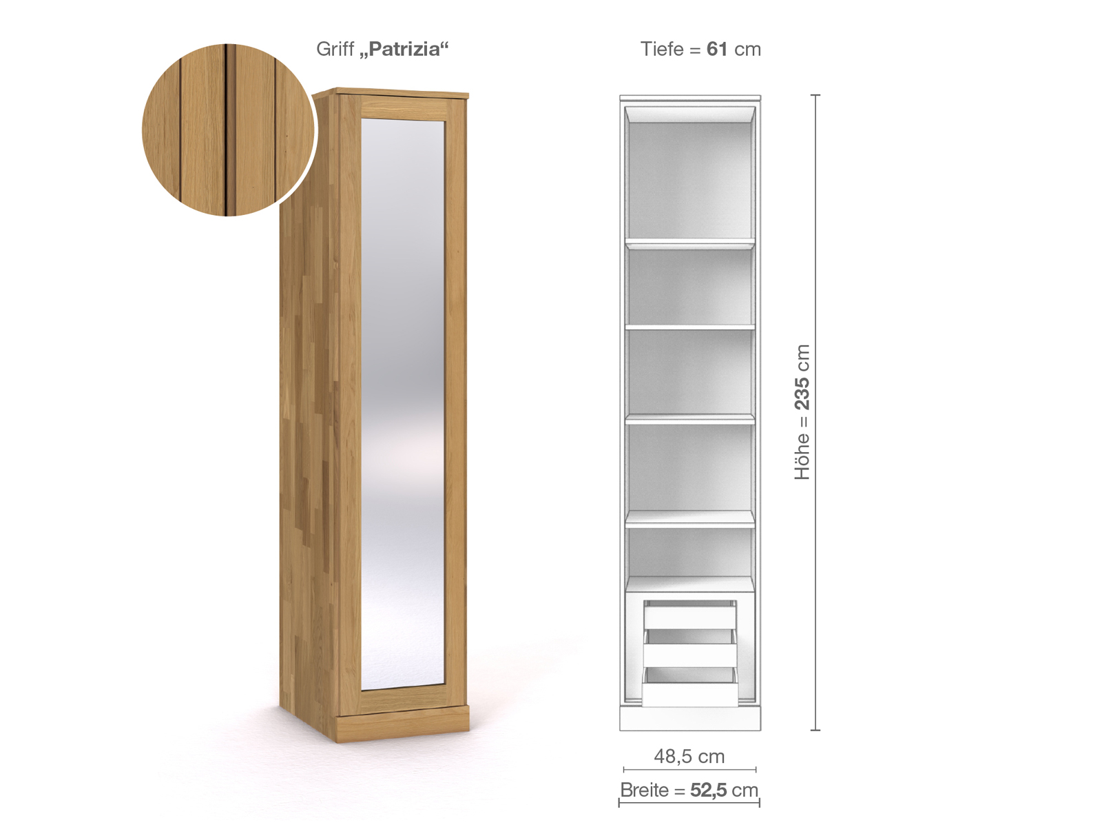 Schrank „Alpenrose“ aus Eiche Hell, 1-türig, Höhe 235 cm, Griffausführung „Patrizia“, Inneneinrichtung C, Türanschlag links