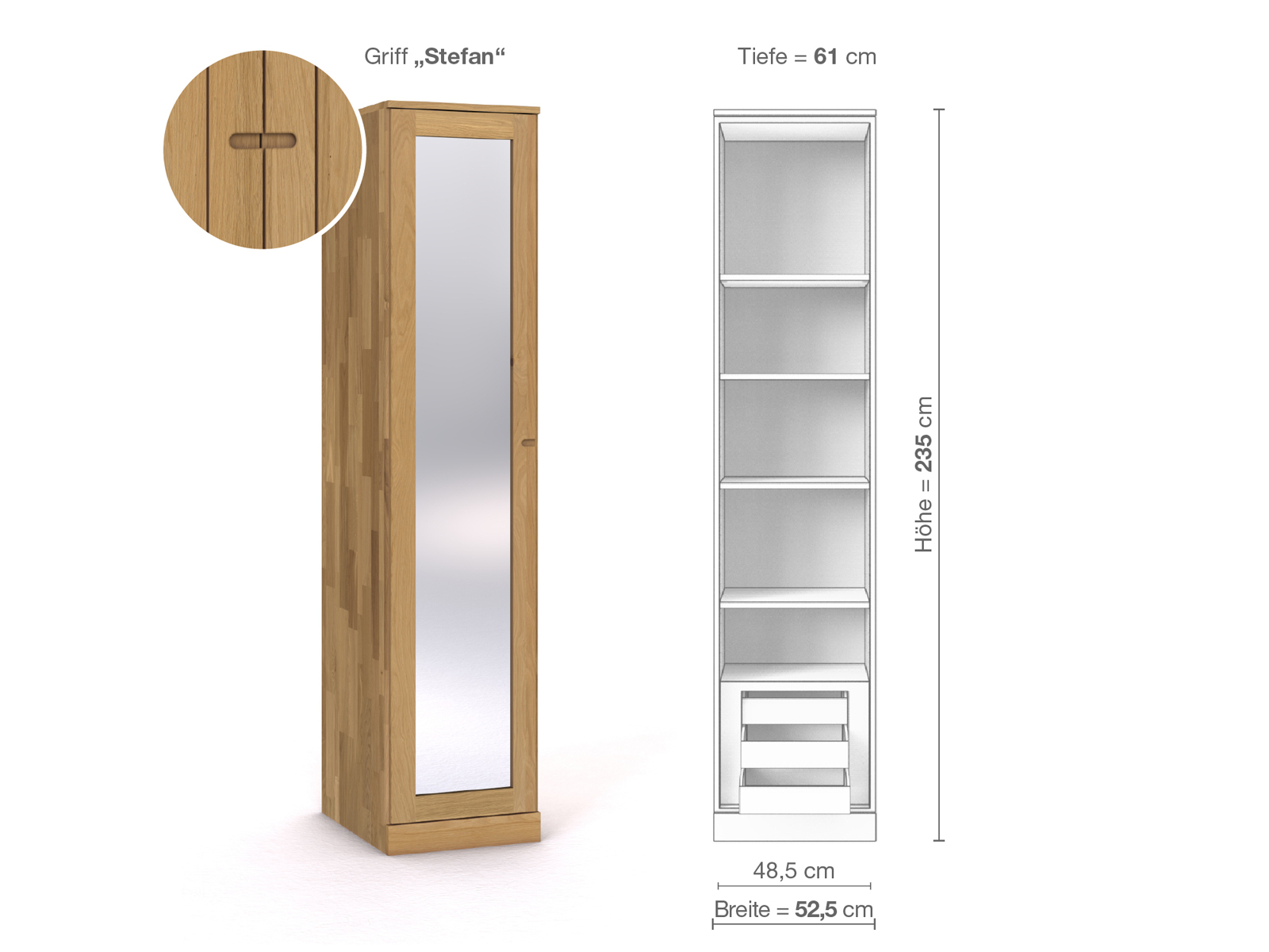 Schrank „Alpenrose“ aus Eiche Hell, 1-türig, Höhe 235 cm, Griffausführung „Stefan“, Inneneinrichtung C, Türanschlag links