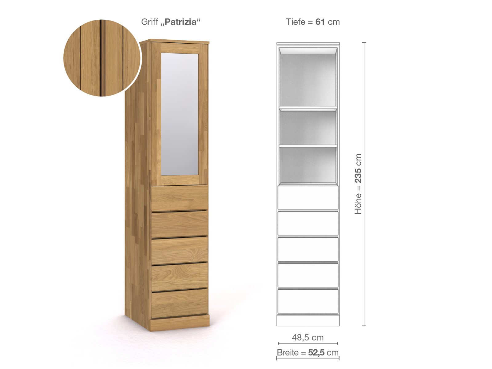 Schrank „Alpenrose“ aus Eiche Hell, 1-türig, Höhe 235 cm, Griffausführung „Patrizia“, Inneneinrichtung D, Türanschlag links