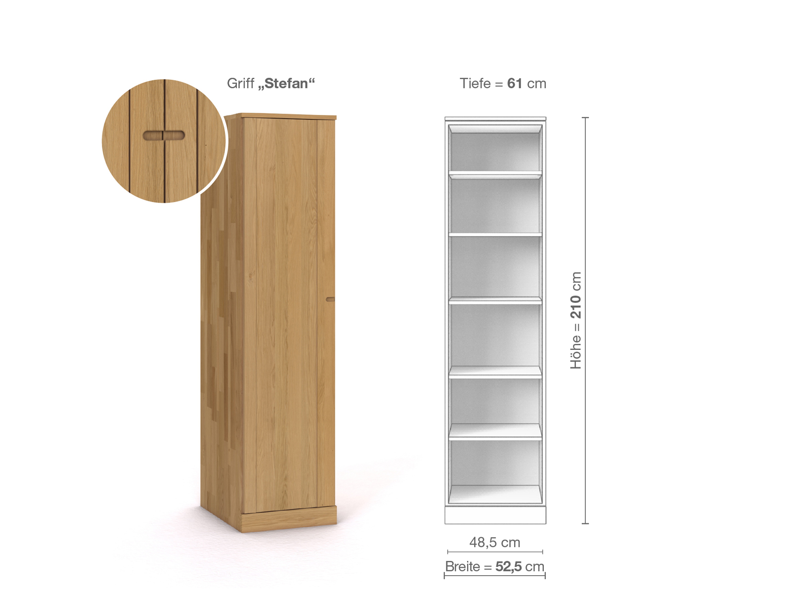 Schrank „Arnika“ aus Eiche Hell, 1-türig, Höhe 210 cm, Griffausführung „Stefan“, Inneneinrichtung B, Türanschlag links