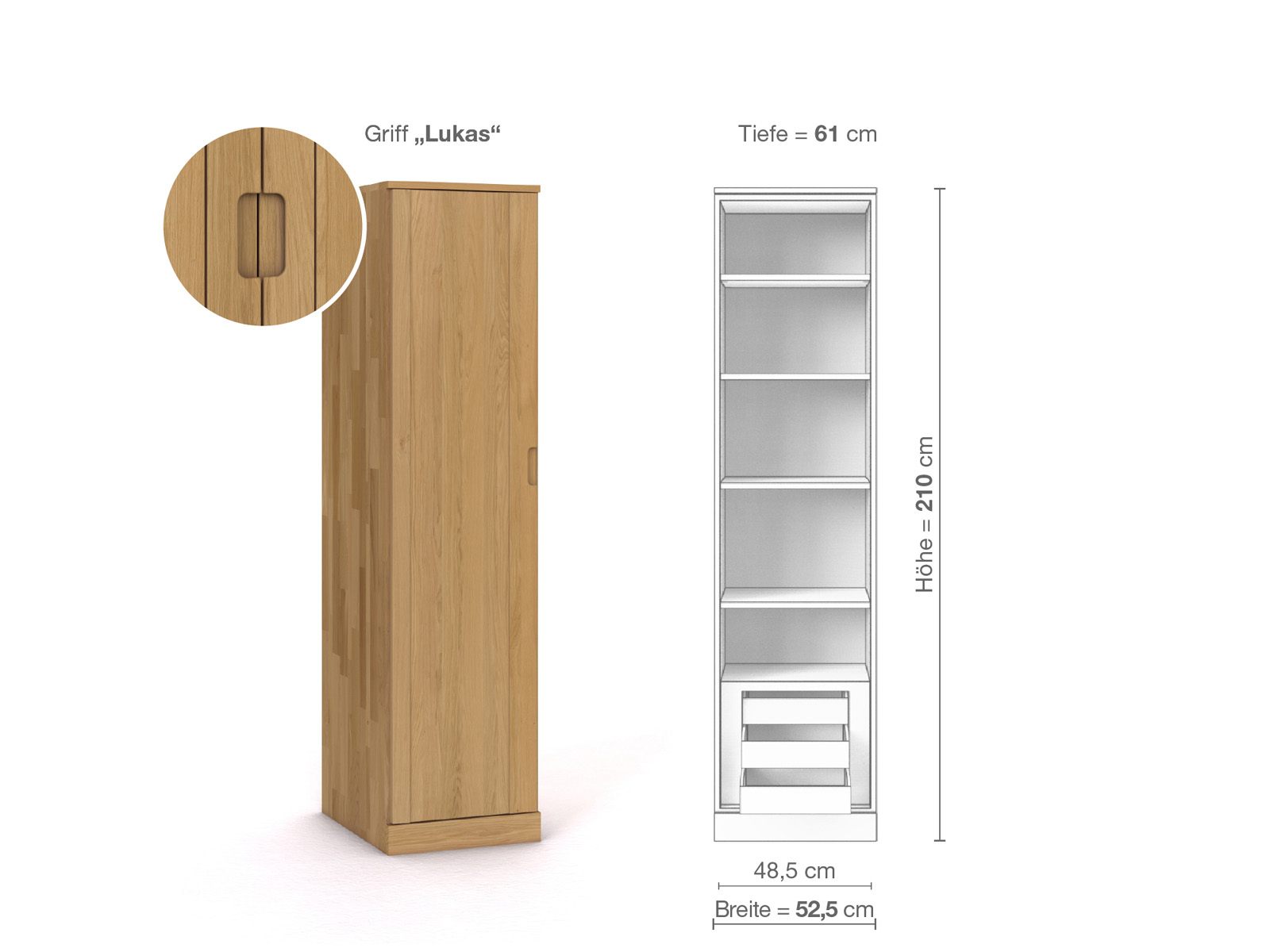 Schrank „Arnika“ aus Eiche Hell, 1-türig, Höhe 210 cm, Griffausführung „Lukas“, Inneneinrichtung C, Türanschlag links