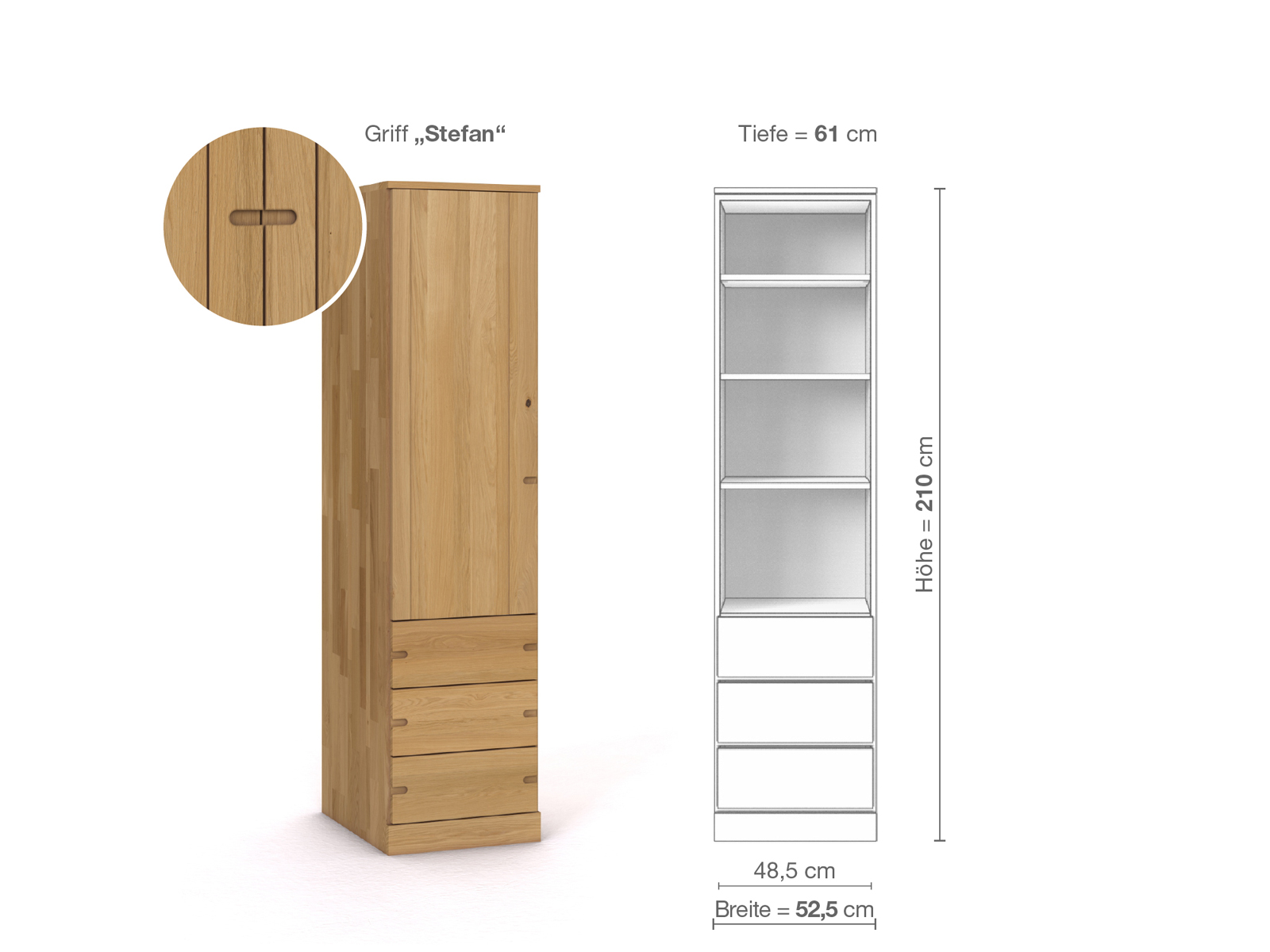 Schrank „Arnika“ aus Eiche Hell, 1-türig, Höhe 210 cm, Griffausführung „Stefan“, Inneneinrichtung D, Türanschlag links