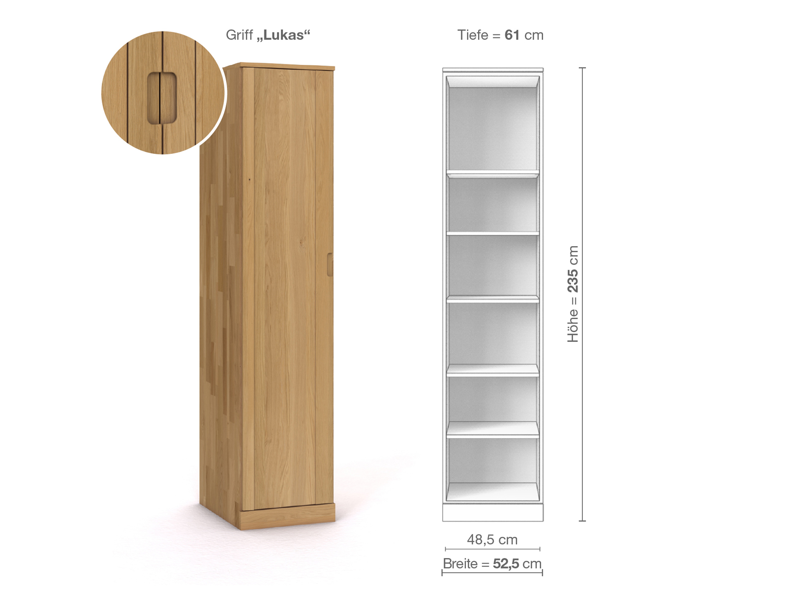 Schrank „Arnika“ aus Eiche Hell, 1-türig, Höhe 235 cm, Griffausführung „Lukas“, Inneneinrichtung B, Türanschlag links