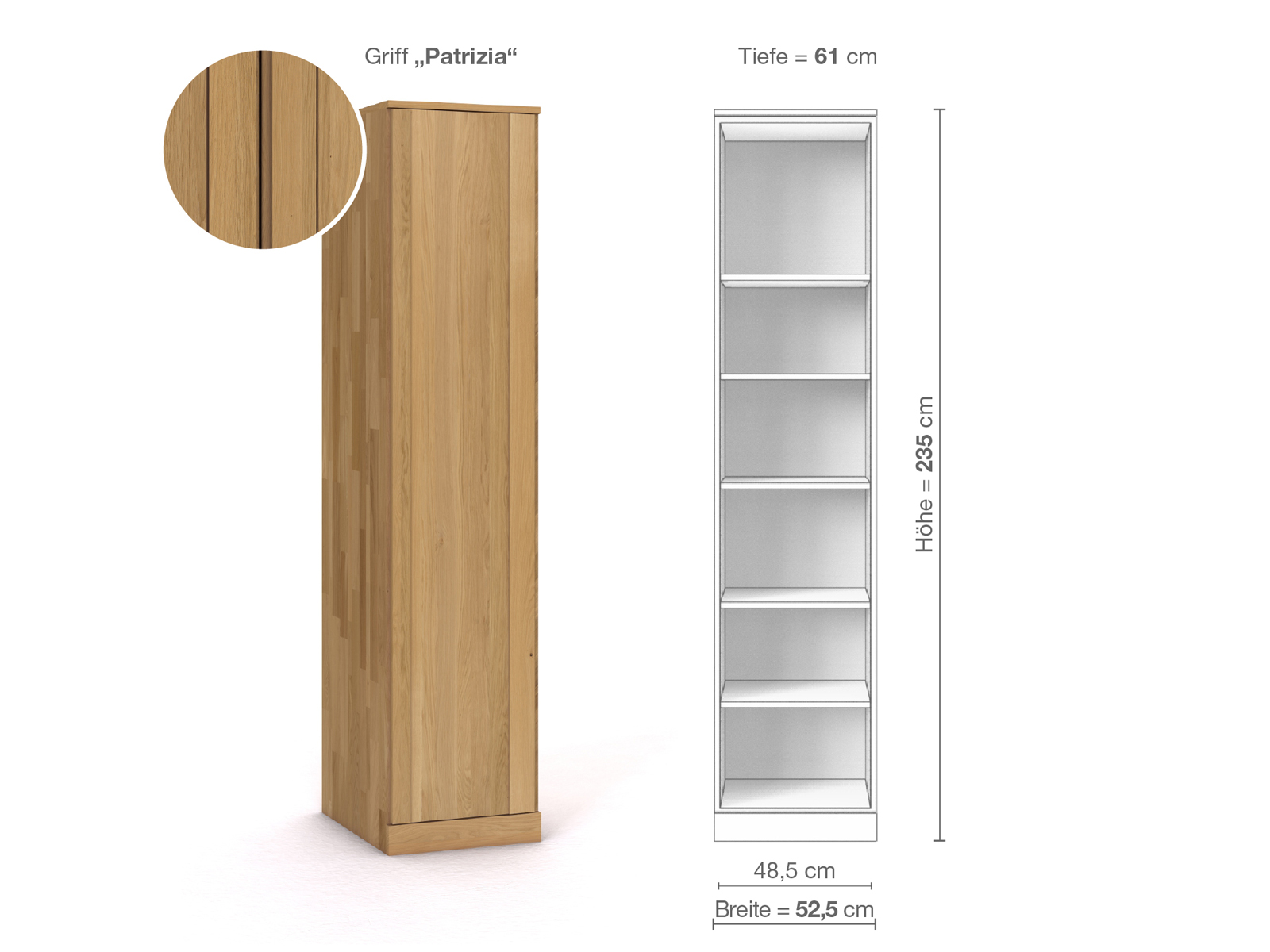 Schrank „Arnika“ aus Eiche Hell, 1-türig, Höhe 235 cm, Griffausführung „Patrizia“, Inneneinrichtung B, Türanschlag links