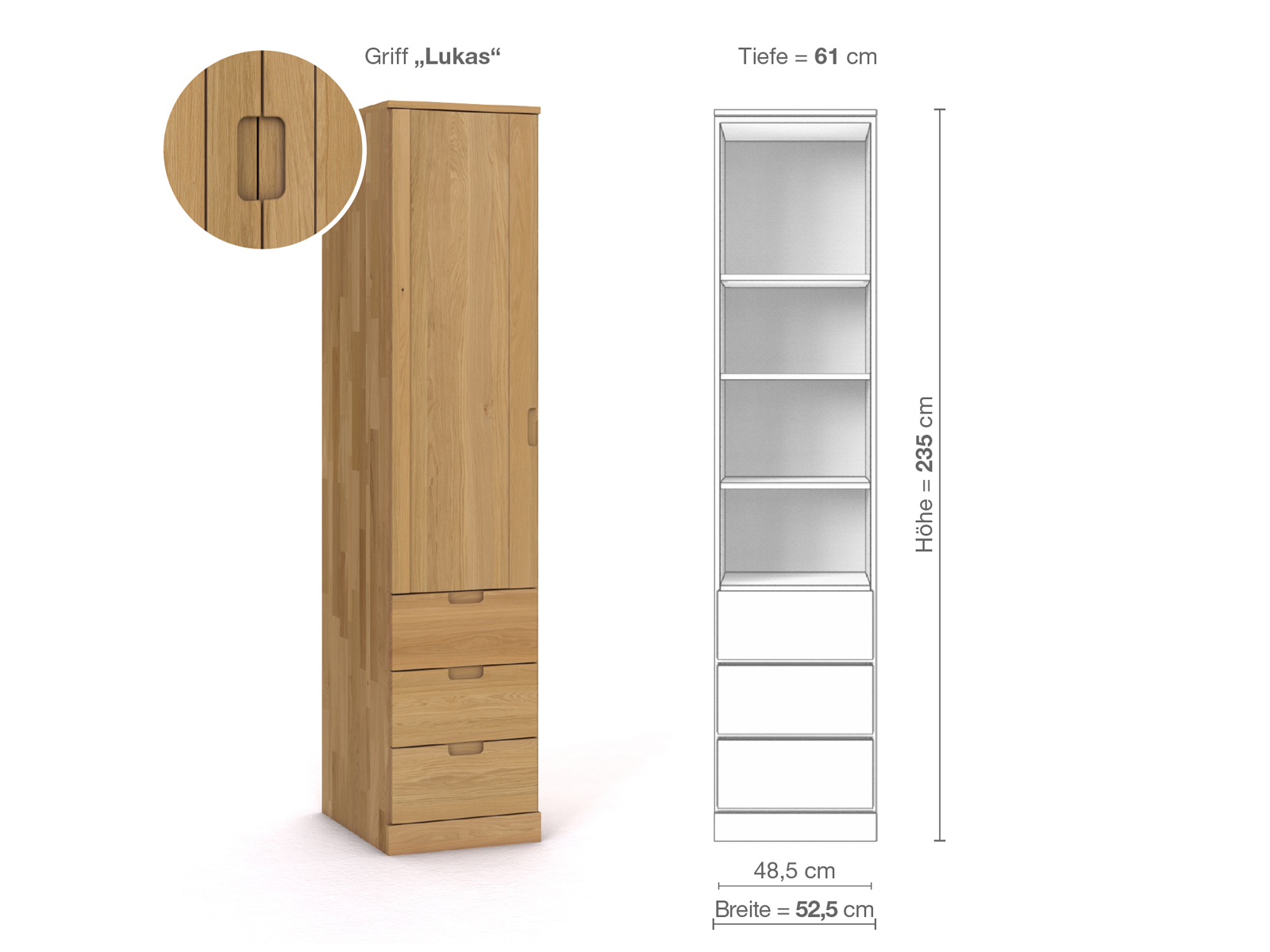 Schrank „Arnika“ aus Eiche Hell, 1-türig, Höhe 235 cm, Griffausführung „Lukas“, Inneneinrichtung D, Türanschlag links