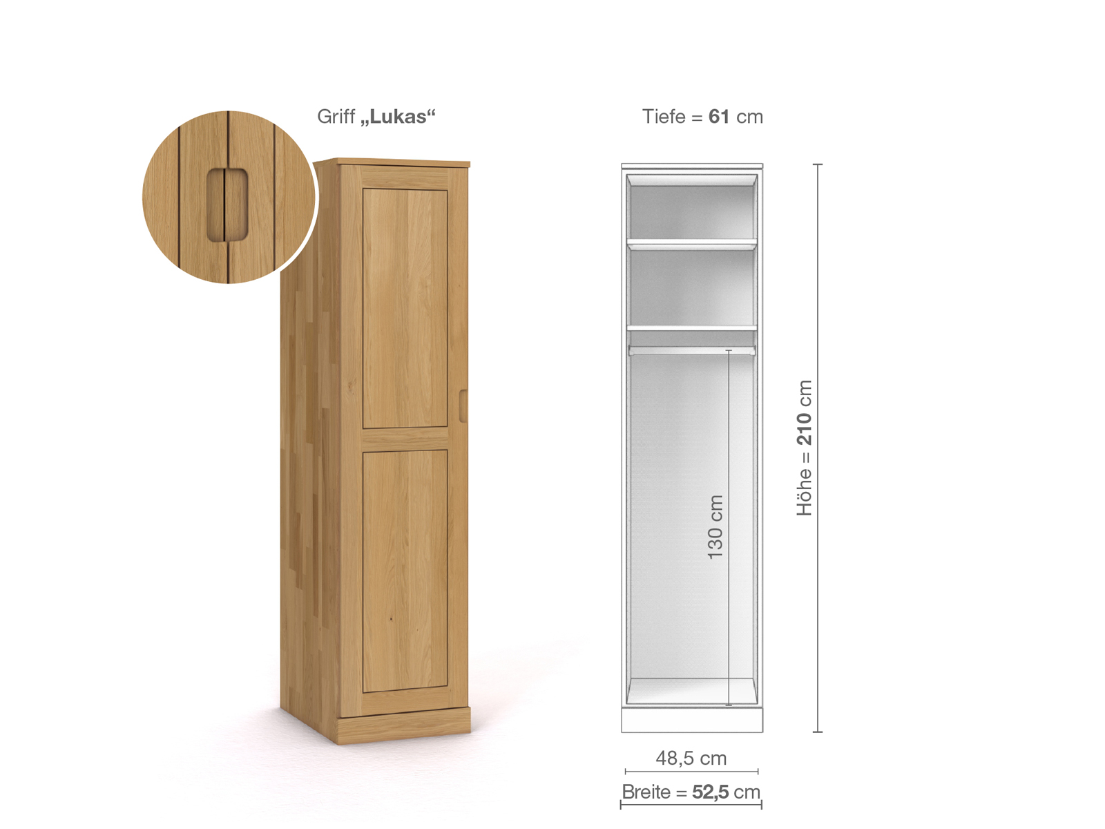 Schrank „Edelweiß“ aus Eiche Hell, 1-türig, Höhe 210 cm, Griffausführung „Lukas“, Inneneinrichtung A, Türanschlag links