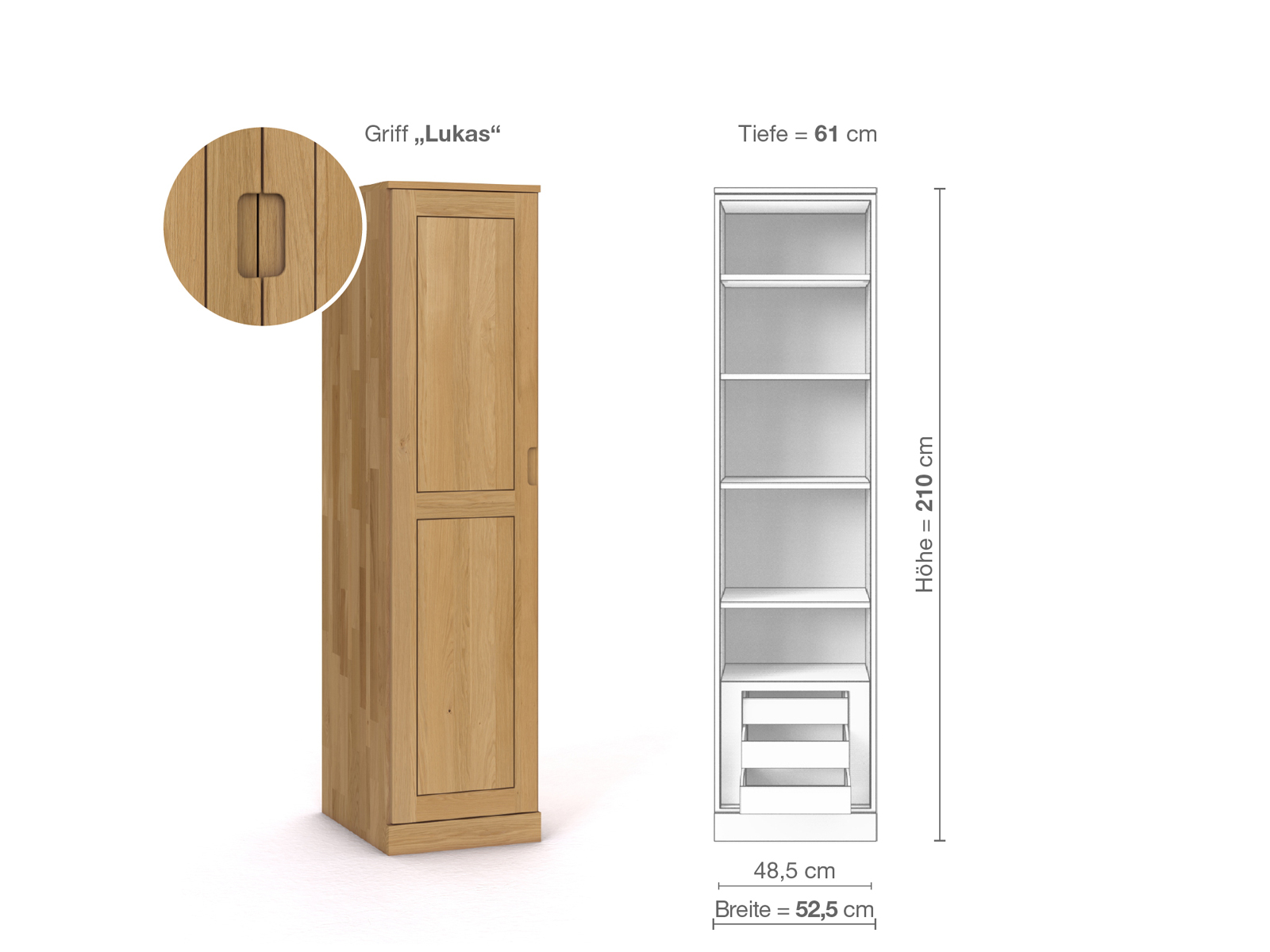 Schrank „Edelweiß“ aus Eiche Hell, 1-türig, Höhe 210 cm, Griffausführung „Lukas“, Inneneinrichtung C, Türanschlag links