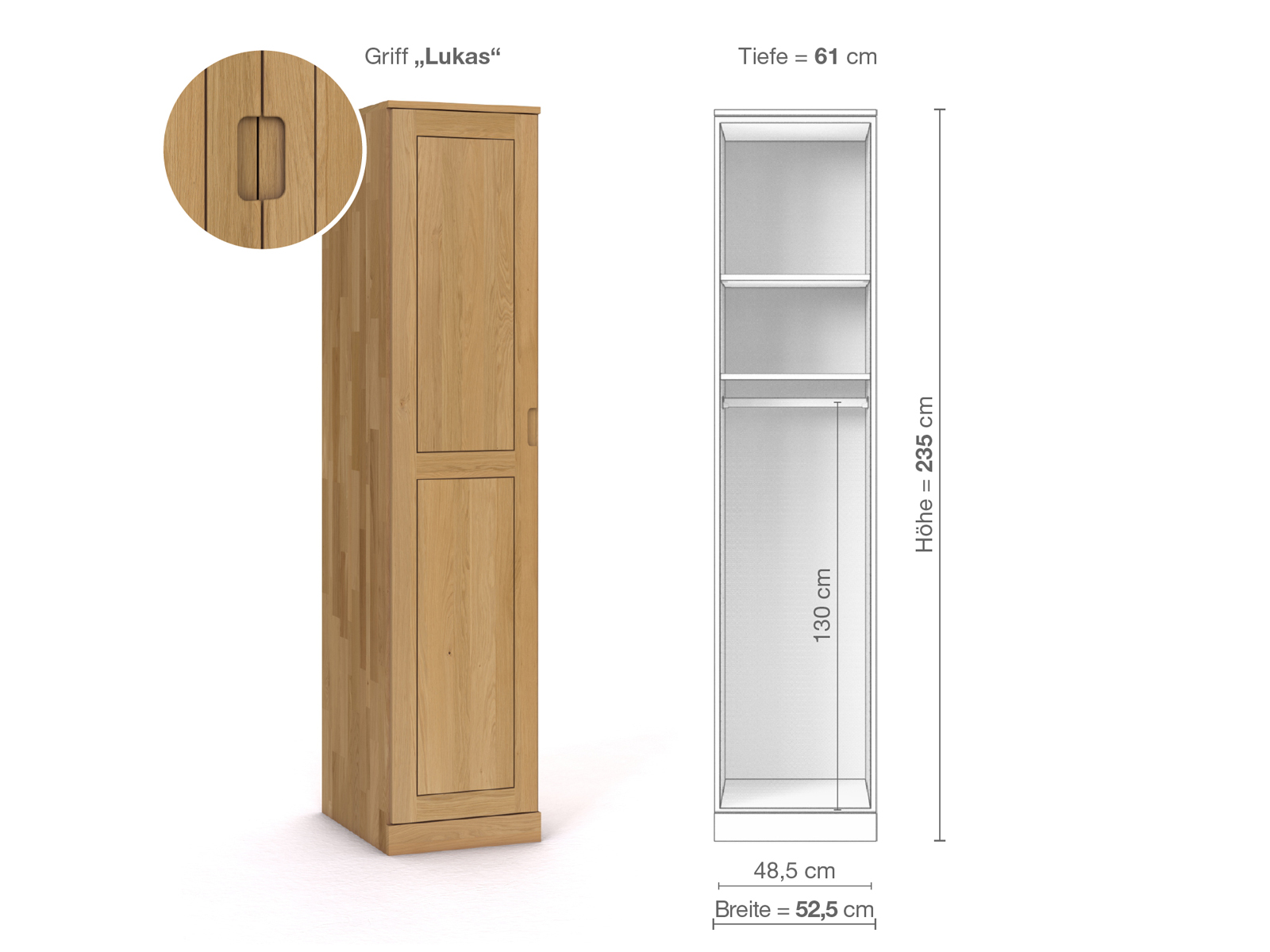 Schrank „Edelweiß“ aus Eiche Hell, 1-türig, Höhe 235 cm, Griffausführung „Lukas“, Inneneinrichtung A, Türanschlag links