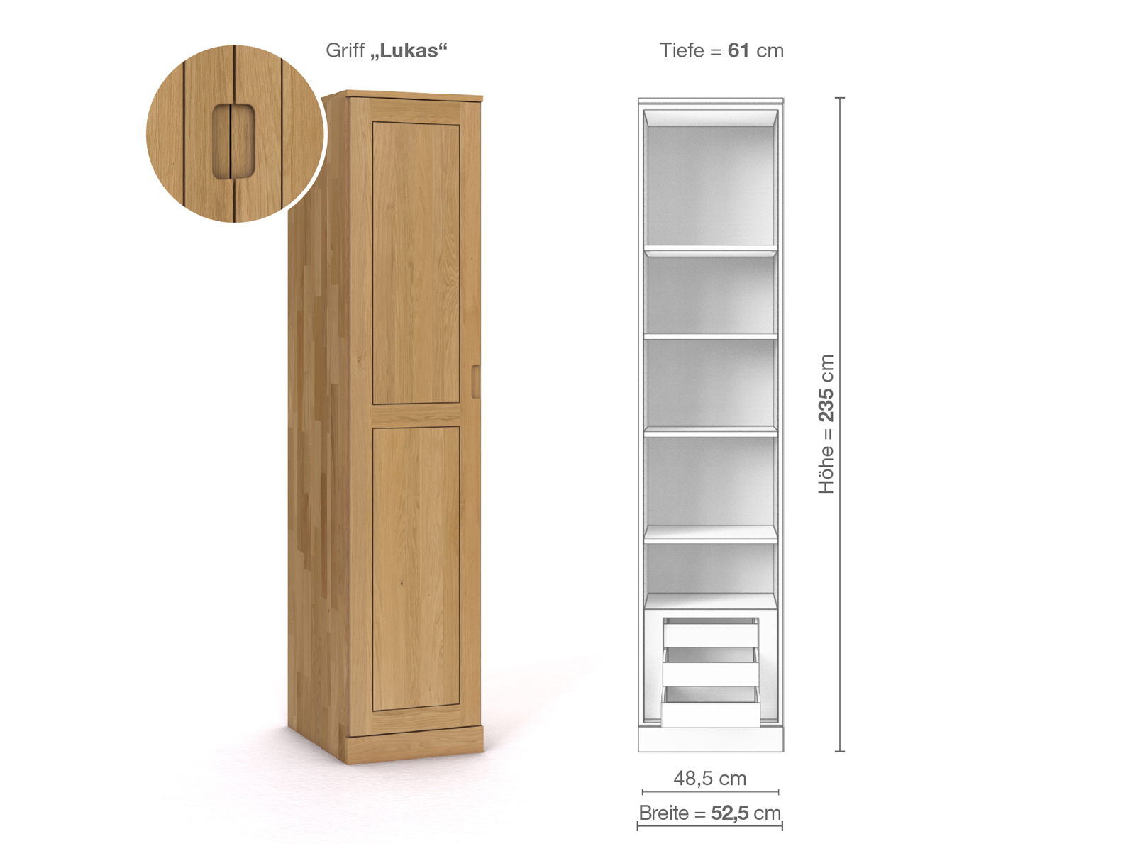 Schrank „Edelweiß“ aus Eiche Hell, 1-türig, Höhe 235 cm, Griffausführung „Lukas“, Inneneinrichtung C, Türanschlag links