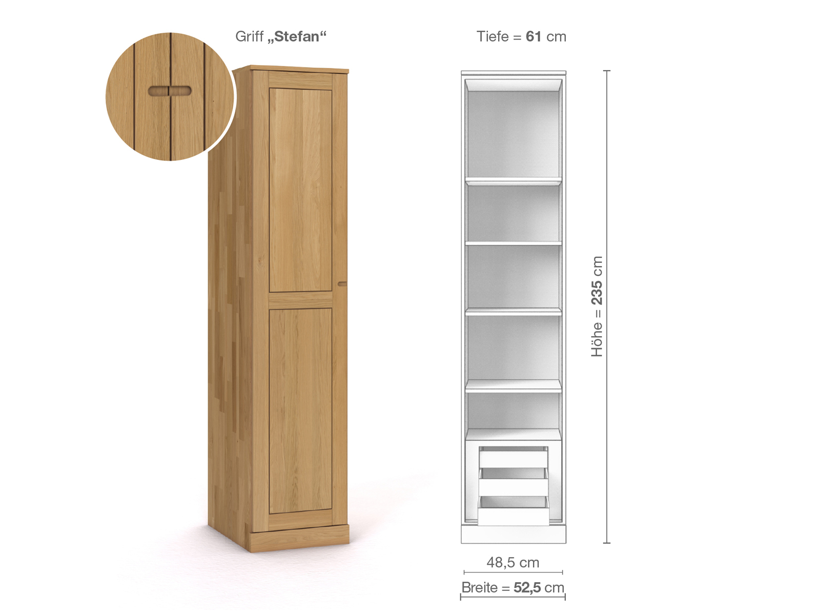 Schrank „Edelweiß“ aus Eiche Hell, 1-türig, Höhe 235 cm, Griffausführung „Stefan“, Inneneinrichtung C, Türanschlag links