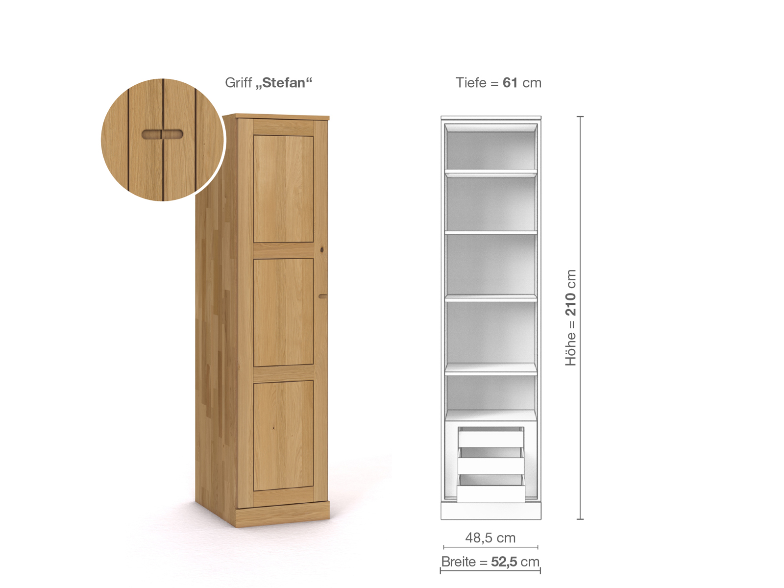 Schrank „Enzian“ aus Eiche Hell, 1-türig, Höhe 210 cm, Griffausführung „Stefan“, Inneneinrichtung C, Türanschlag links