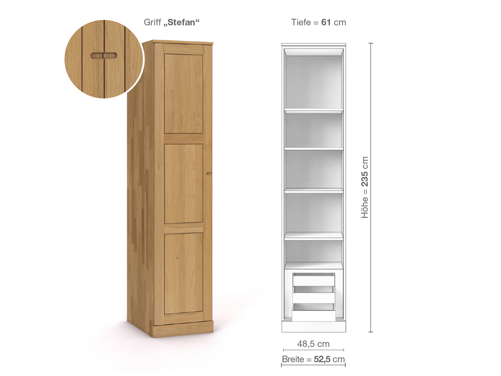 Schrank „Enzian“ aus Eiche Hell, 1-türig, Höhe 235 cm, Griffausführung „Stefan“, Inneneinrichtung C, Türanschlag links