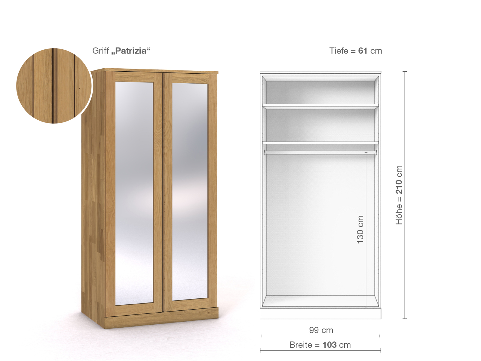 Schrank „Alpenrose“ aus Eiche Hell, 2-türig, Höhe 210 cm, Griffausführung „Patrizia“, Inneneinrichtung A