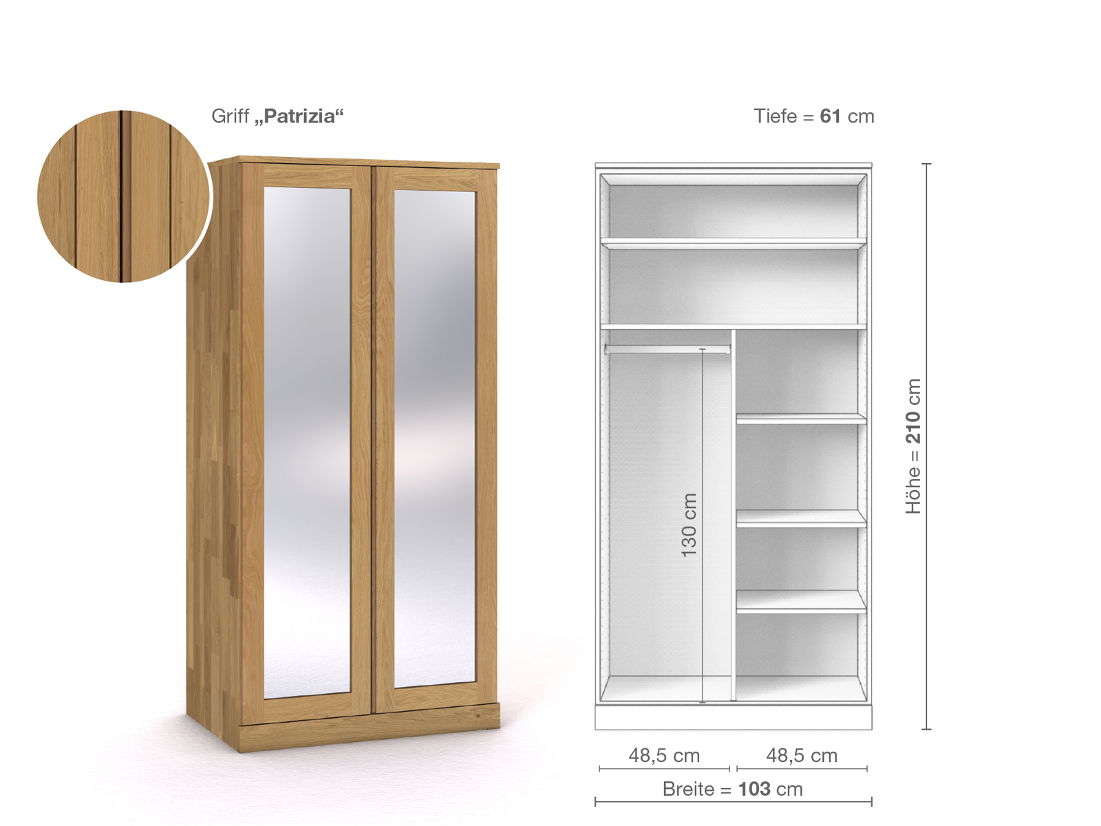 Schrank „Alpenrose“ aus Eiche Hell, 2-türig, Höhe 210 cm, Griffausführung „Patrizia“, Inneneinrichtung B