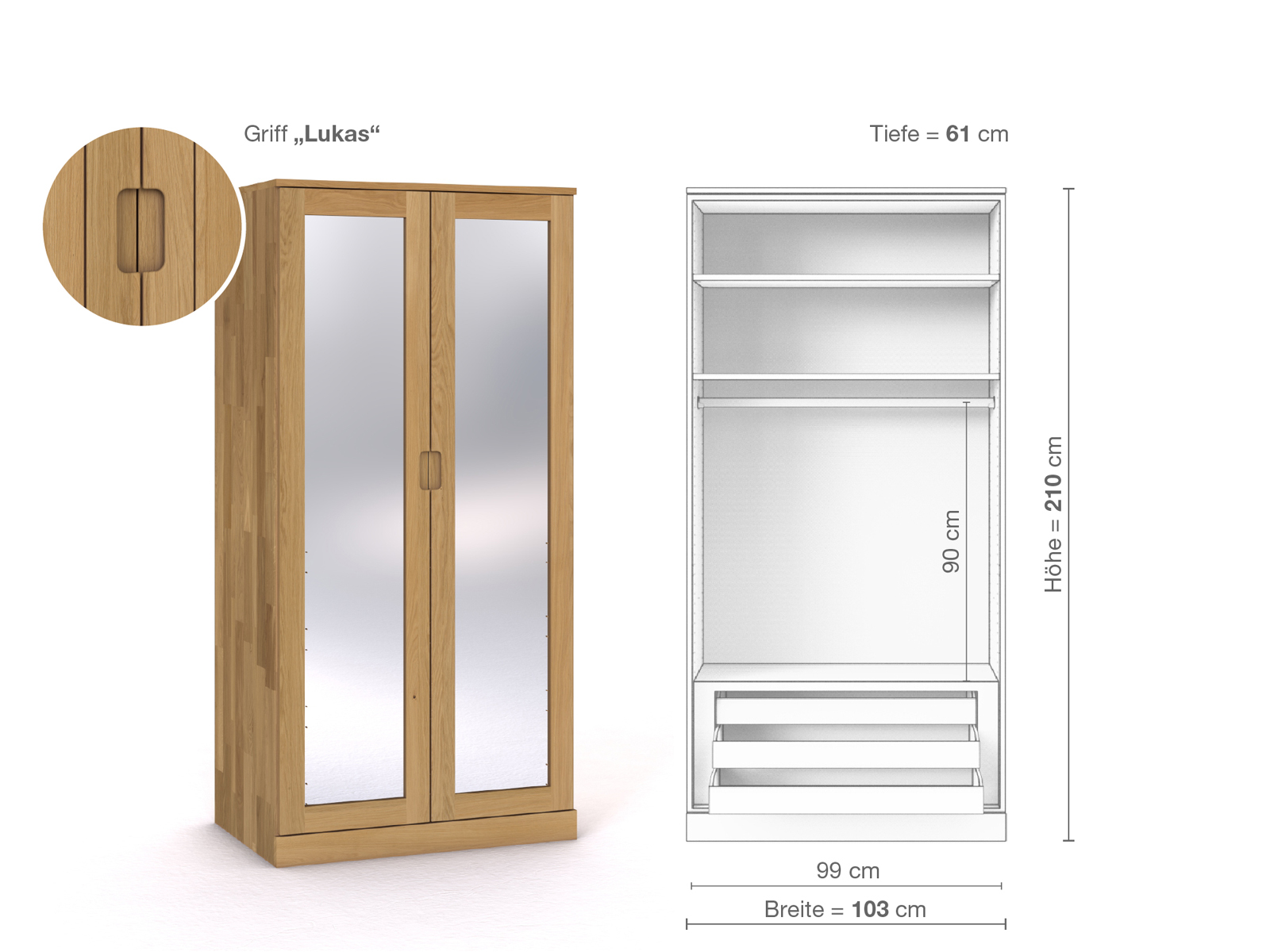 Schrank „Alpenrose“ aus Eiche Hell, 2-türig, Höhe 210 cm, Griffausführung „Lukas“, Inneneinrichtung D