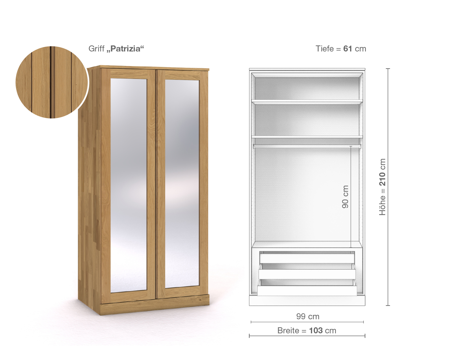 Schrank „Alpenrose“ aus Eiche Hell, 2-türig, Höhe 210 cm, Griffausführung „Patrizia“, Inneneinrichtung D