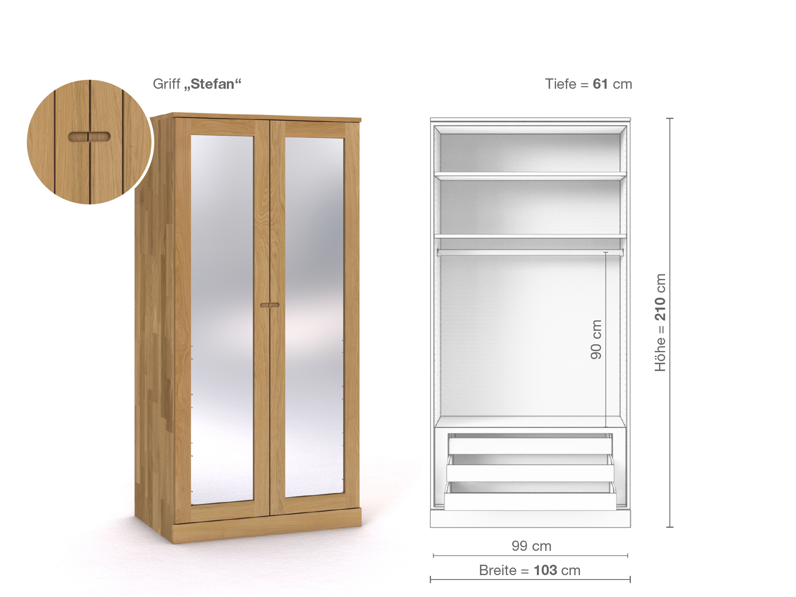 Schrank „Alpenrose“ aus Eiche Hell, 2-türig, Höhe 210 cm, Griffausführung „Stefan“, Inneneinrichtung D