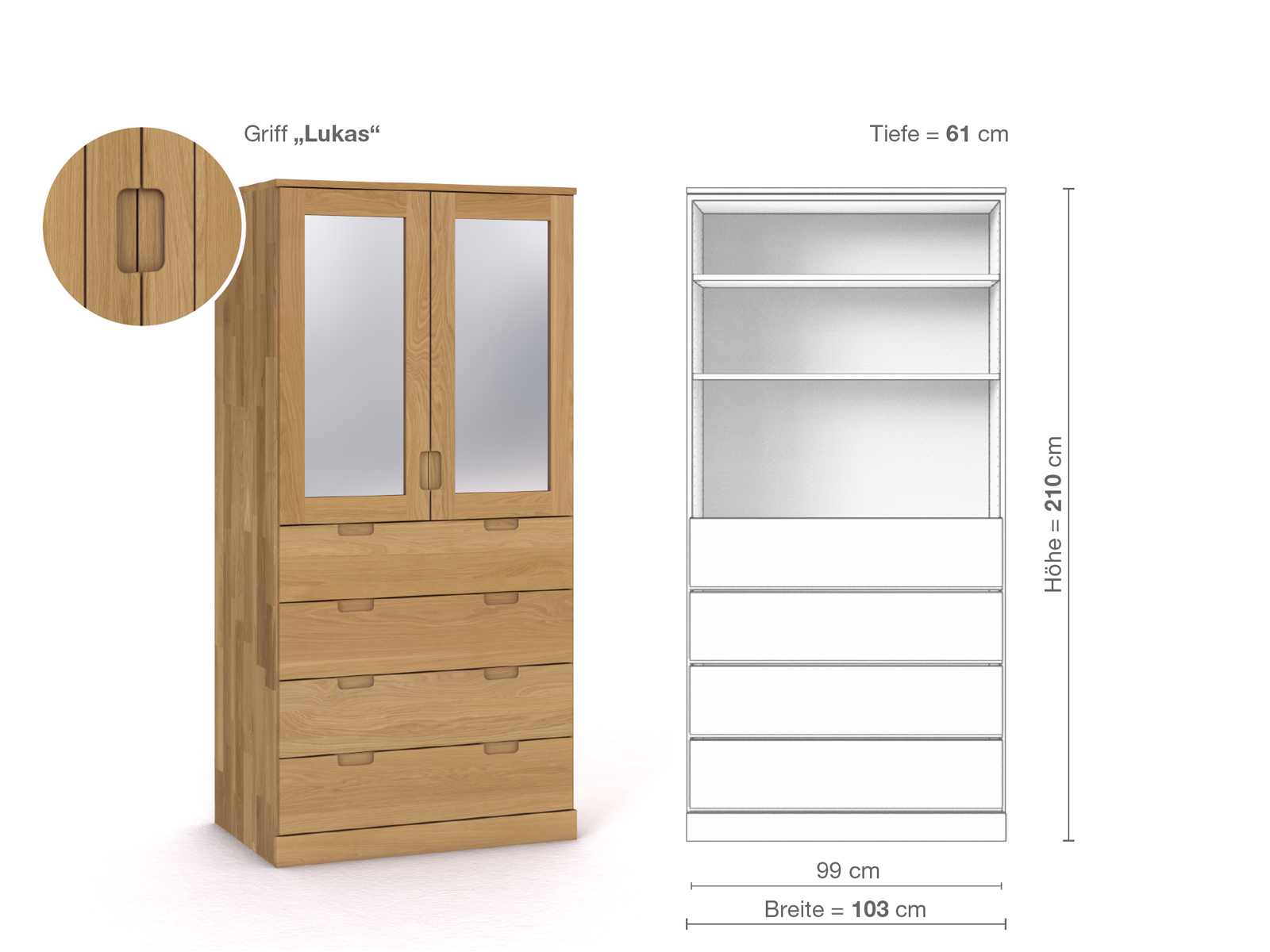 Schrank „Alpenrose“ aus Eiche Hell, 2-türig, Höhe 210 cm, Griffausführung „Lukas“, Inneneinrichtung E