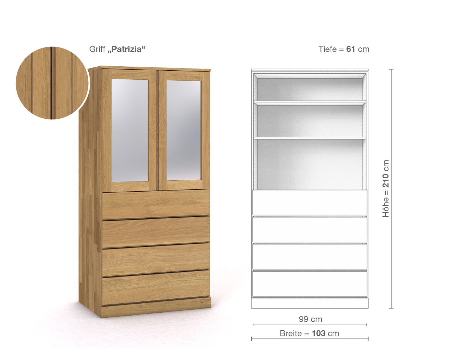 Schrank „Alpenrose“ aus Eiche Hell, 2-türig, Höhe 210 cm, Griffausführung „Patrizia“, Inneneinrichtung E