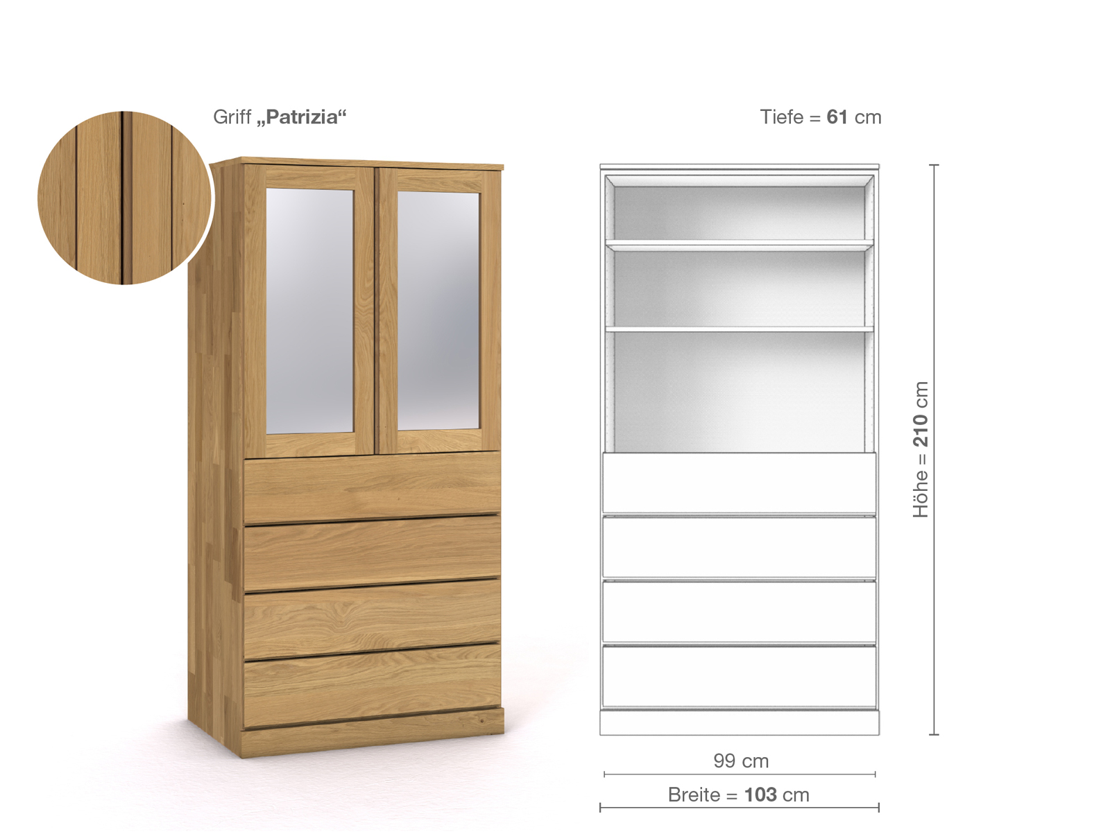 Schrank „Alpenrose“ aus Eiche Hell, 2-türig, Höhe 210 cm, Griffausführung „Patrizia“, Inneneinrichtung E