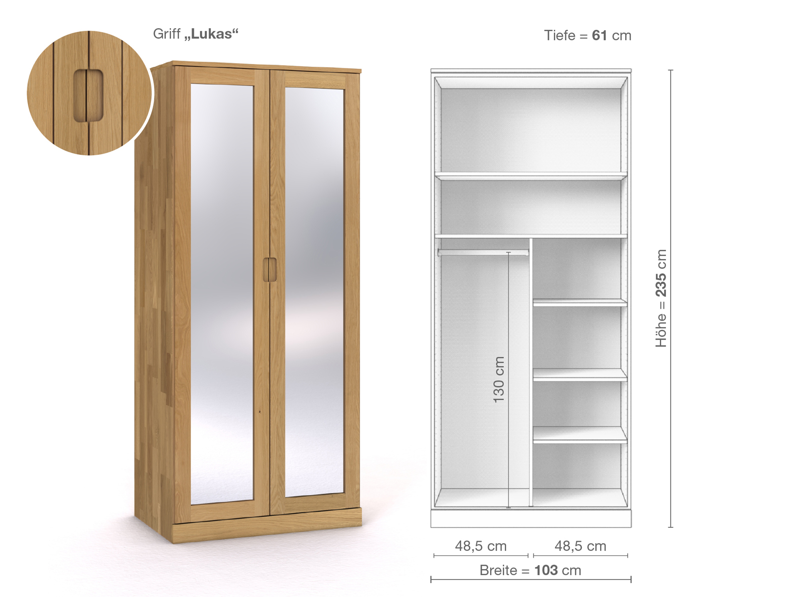 Schrank „Alpenrose“ aus Eiche Hell, 2-türig, Höhe 235 cm, Griffausführung „Lukas“, Inneneinrichtung B