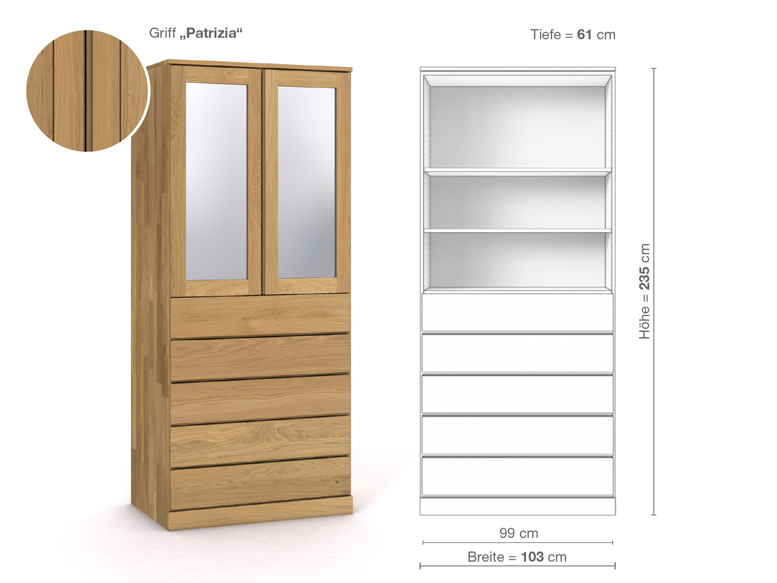 Schrank „Alpenrose“ aus Eiche Hell, 2-türig, Höhe 235 cm, Griffausführung „Patrizia“, Inneneinrichtung E