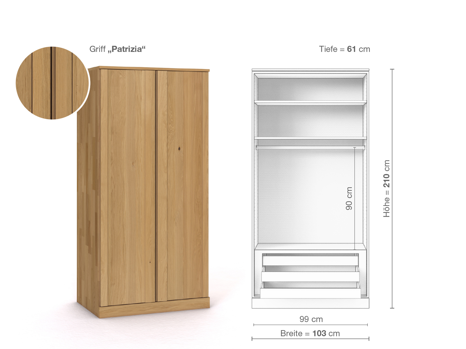 Schrank „Arnika“ aus Eiche Hell, 2-türig, Höhe 210 cm, Griffausführung „Patrizia“, Inneneinrichtung D