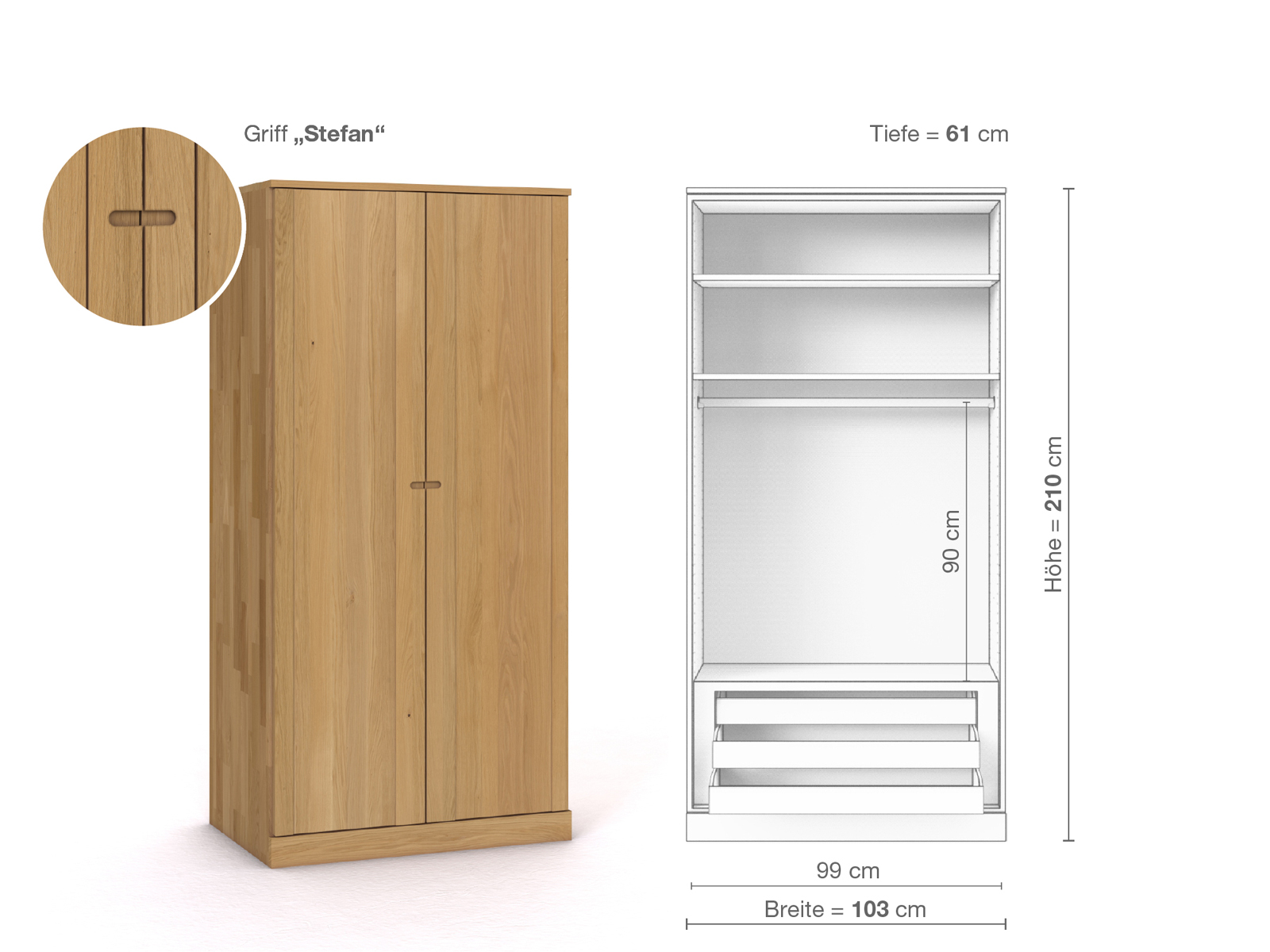 Schrank „Arnika“ aus Eiche Hell, 2-türig, Höhe 210 cm, Griffausführung „Stefan“, Inneneinrichtung D