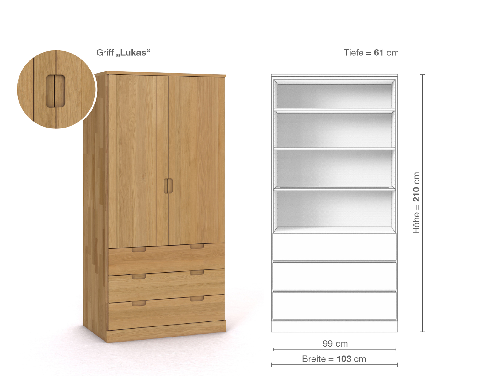 Schrank „Arnika“ aus Eiche Hell, 2-türig, Höhe 210 cm, Griffausführung „Lukas“, Inneneinrichtung E