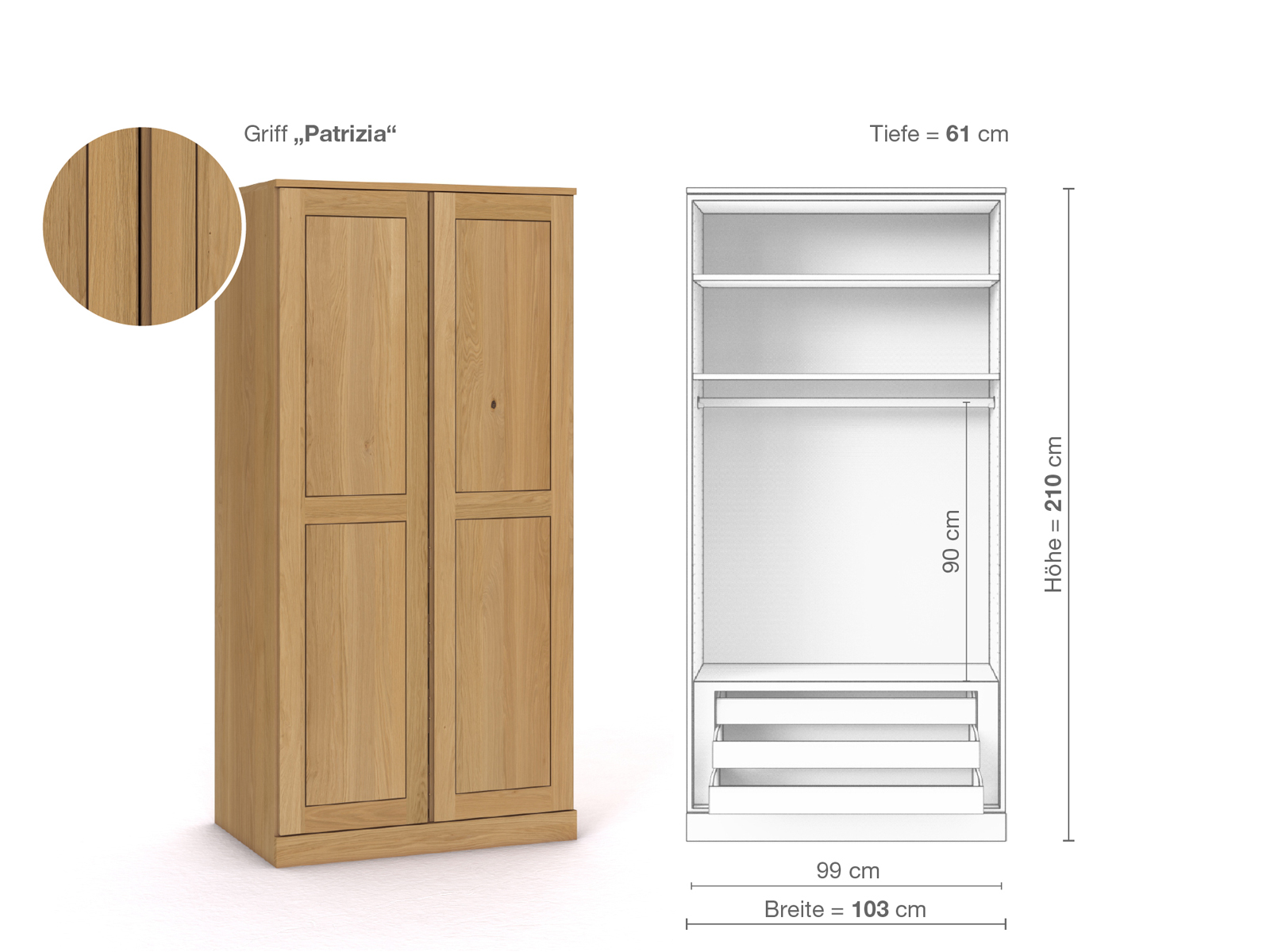 Schrank „Edelweiß“ aus Eiche Hell, 2-türig, Höhe 210 cm, Griffausführung „Patrizia“, Inneneinrichtung D