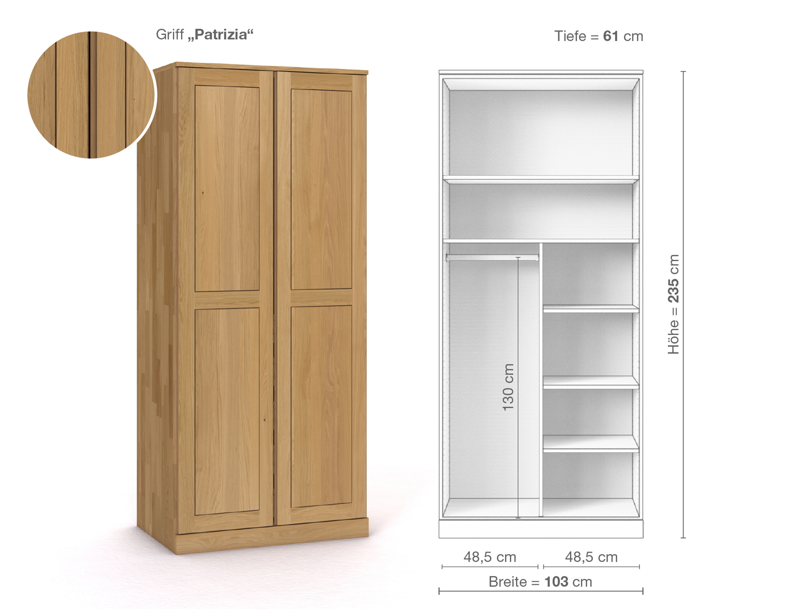 Schrank „Edelweiß“ aus Eiche Hell, 2-türig, Höhe 235 cm, Griffausführung „Patrizia“, Inneneinrichtung B