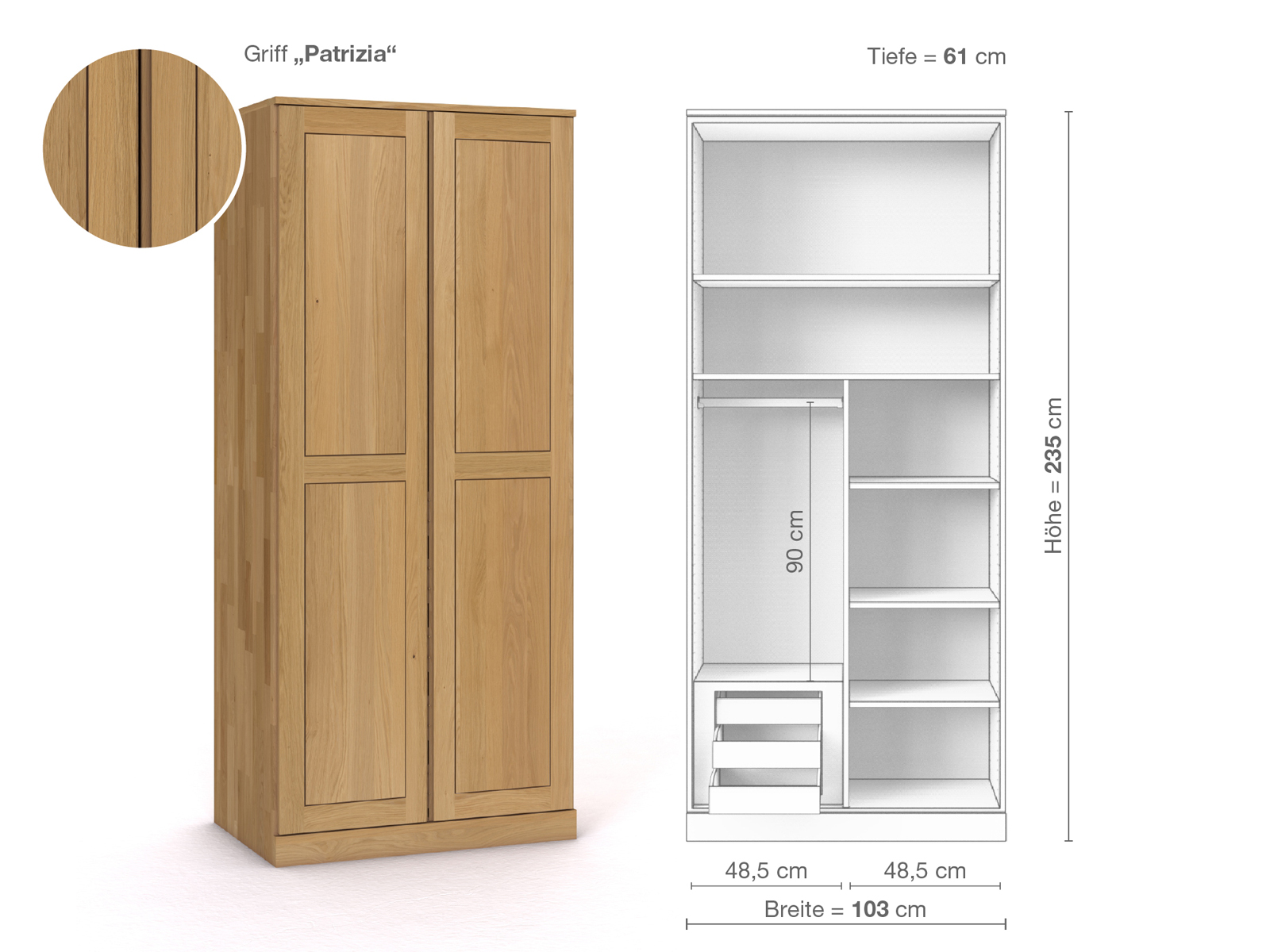 Schrank „Edelweiß“ aus Eiche Hell, 2-türig, Höhe 235 cm, Griffausführung „Patrizia“, Inneneinrichtung C