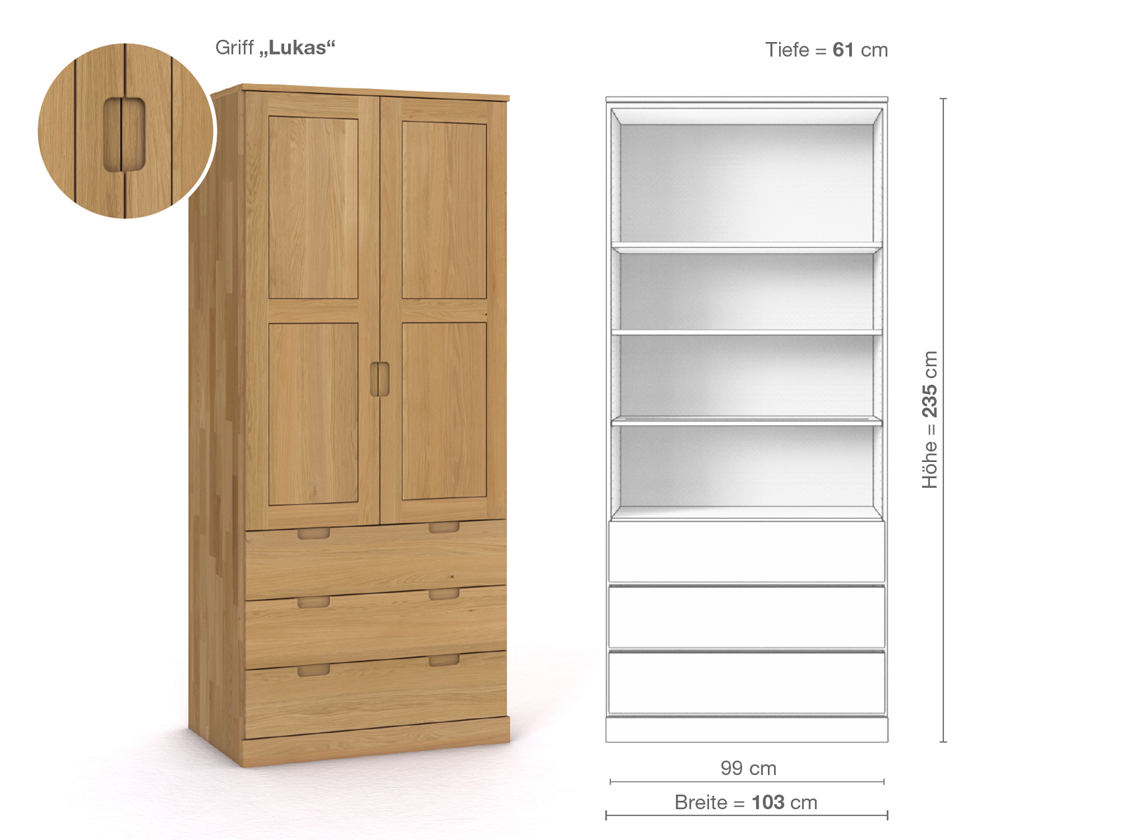 Schrank „Enzian“ aus Eiche Hell, 2-türig, Höhe 235 cm, Griffausführung „Lukas“, Inneneinrichtung E