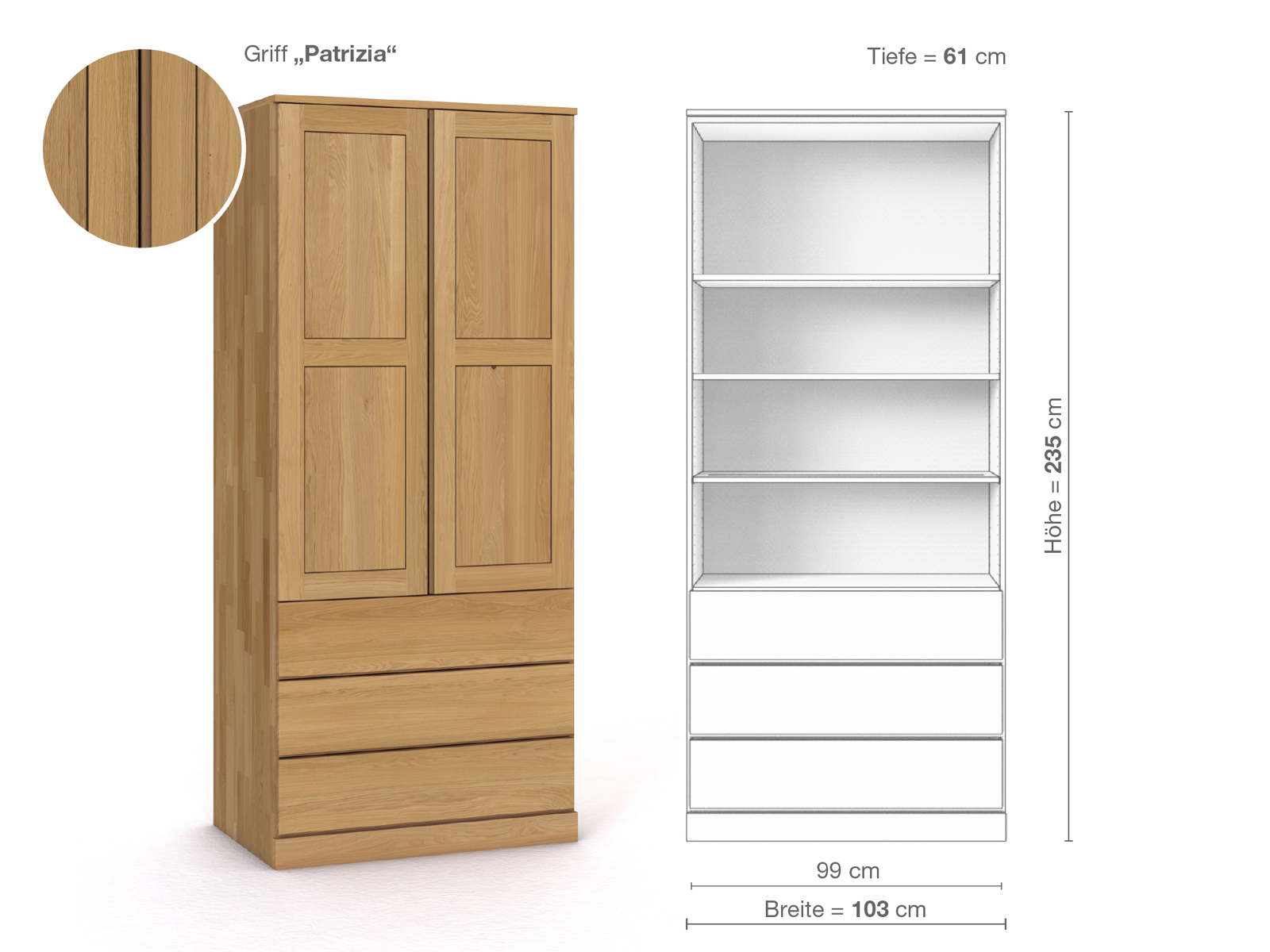 Schrank „Enzian“ aus Eiche Hell, 2-türig, Höhe 235 cm, Griffausführung „Patrizia“, Inneneinrichtung E