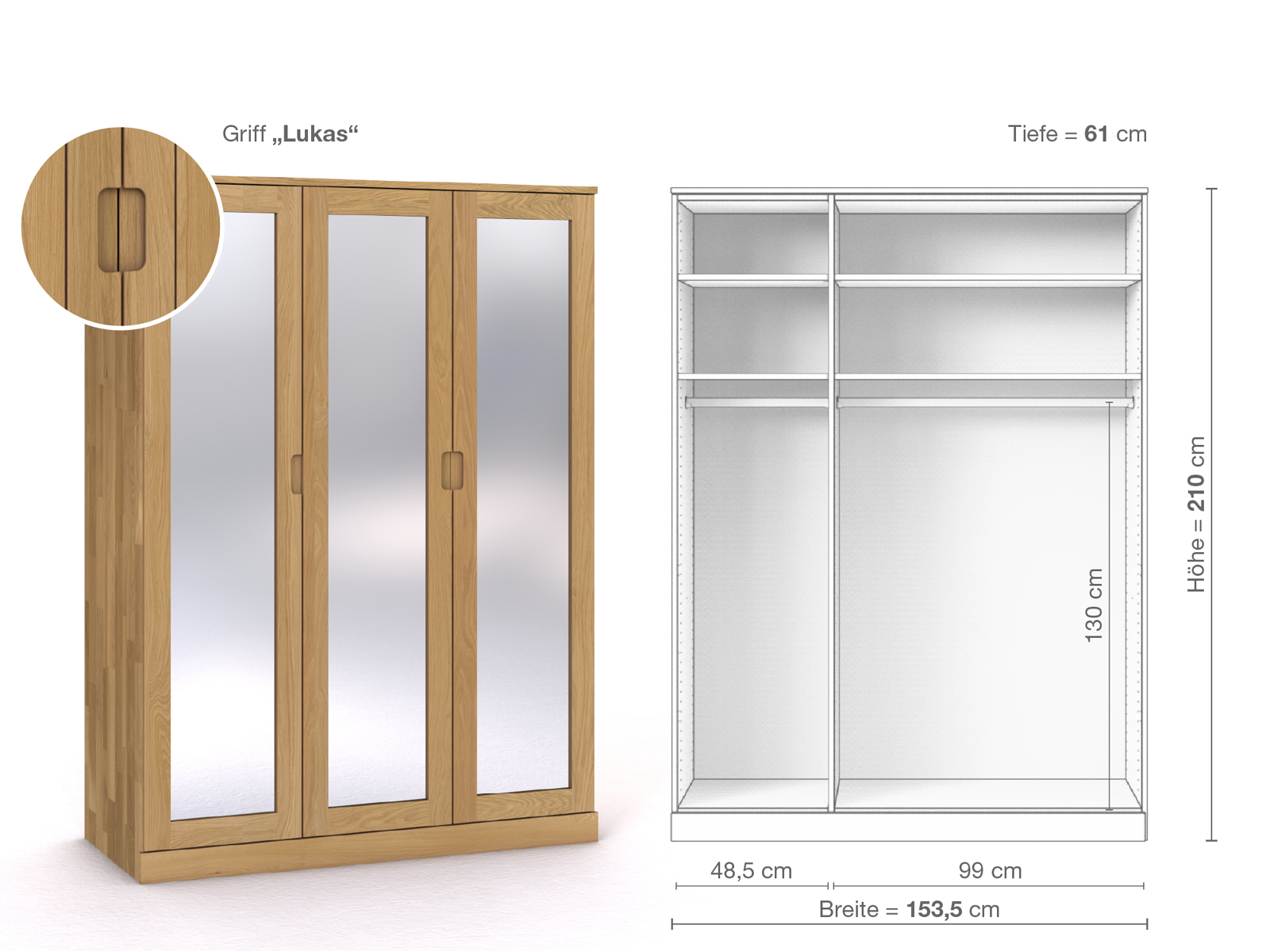 Schrank „Alpenrose“ aus Eiche Hell, 3-türig, Höhe 210 cm, Griffausführung „Lukas“, Inneneinrichtung A