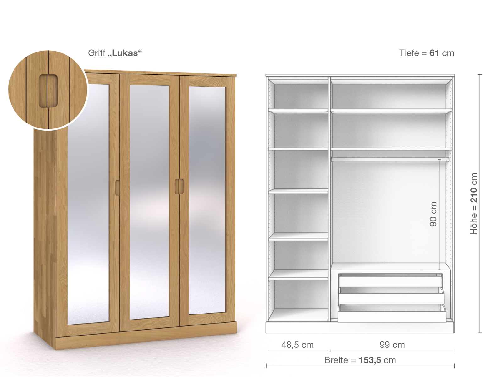 Schrank „Alpenrose“ aus Eiche Hell, 3-türig, Höhe 210 cm, Griffausführung „Lukas“, Inneneinrichtung C