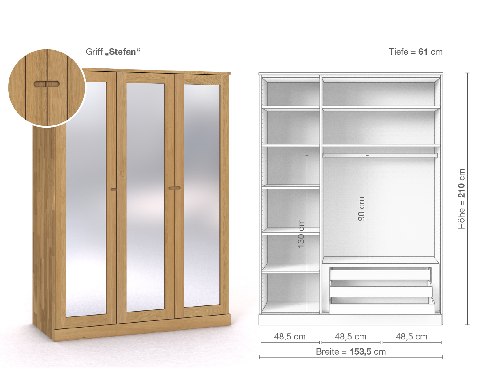 Schrank „Alpenrose“ aus Eiche Hell, 3-türig, Höhe 210 cm, Griffausführung „Stefan“, Inneneinrichtung D