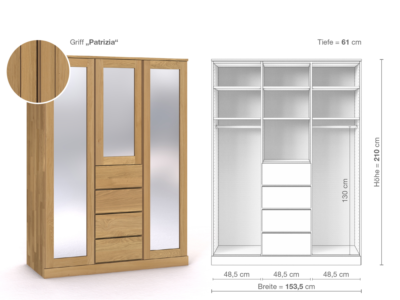 Schrank „Alpenrose“ aus Eiche Hell, 3-türig, Höhe 210 cm, Griffausführung „Patrizia“, Inneneinrichtung E