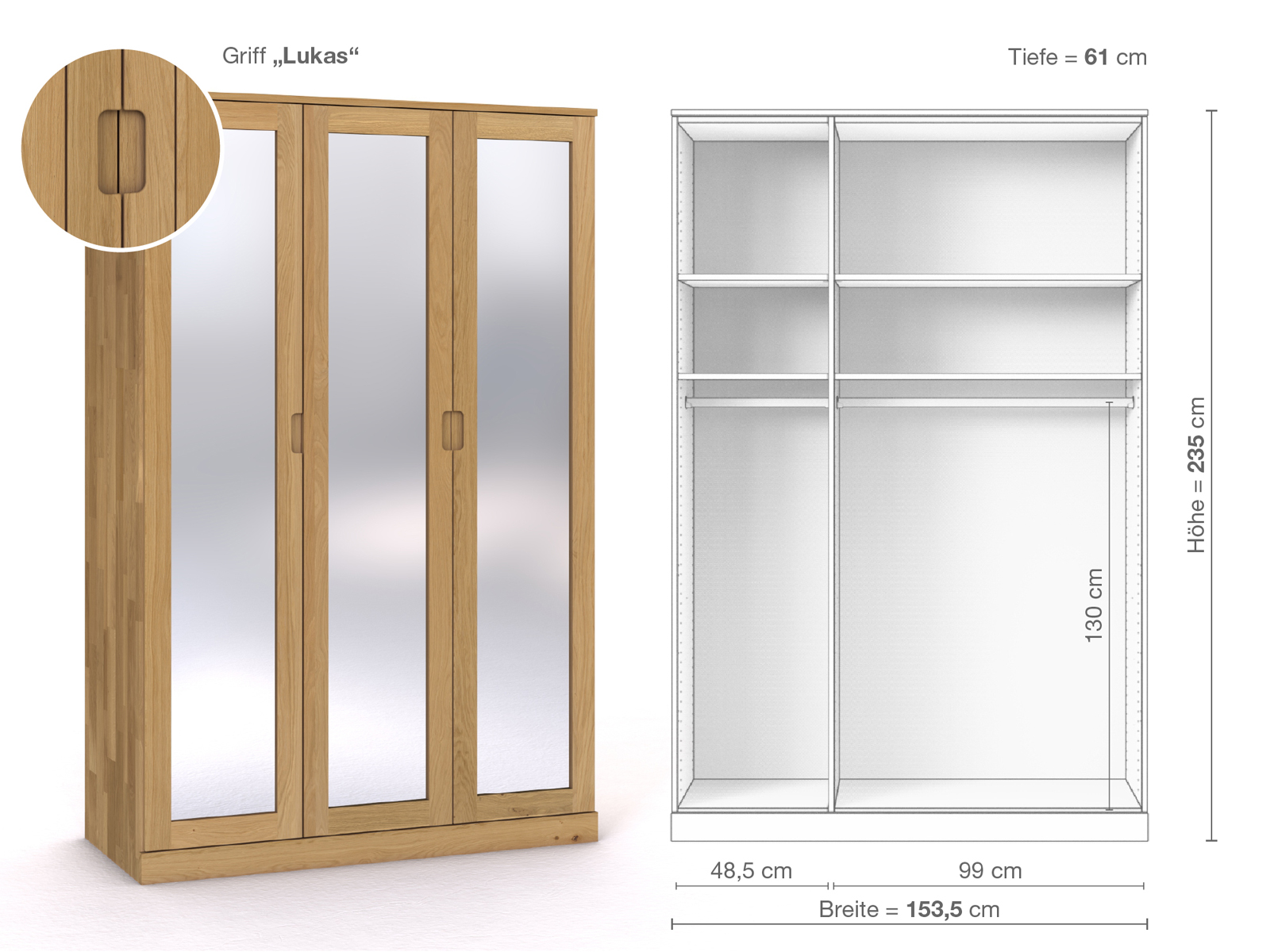 Schrank „Alpenrose“ aus Eiche Hell, 3-türig, Höhe 235 cm, Griffausführung „Lukas“, Inneneinrichtung A