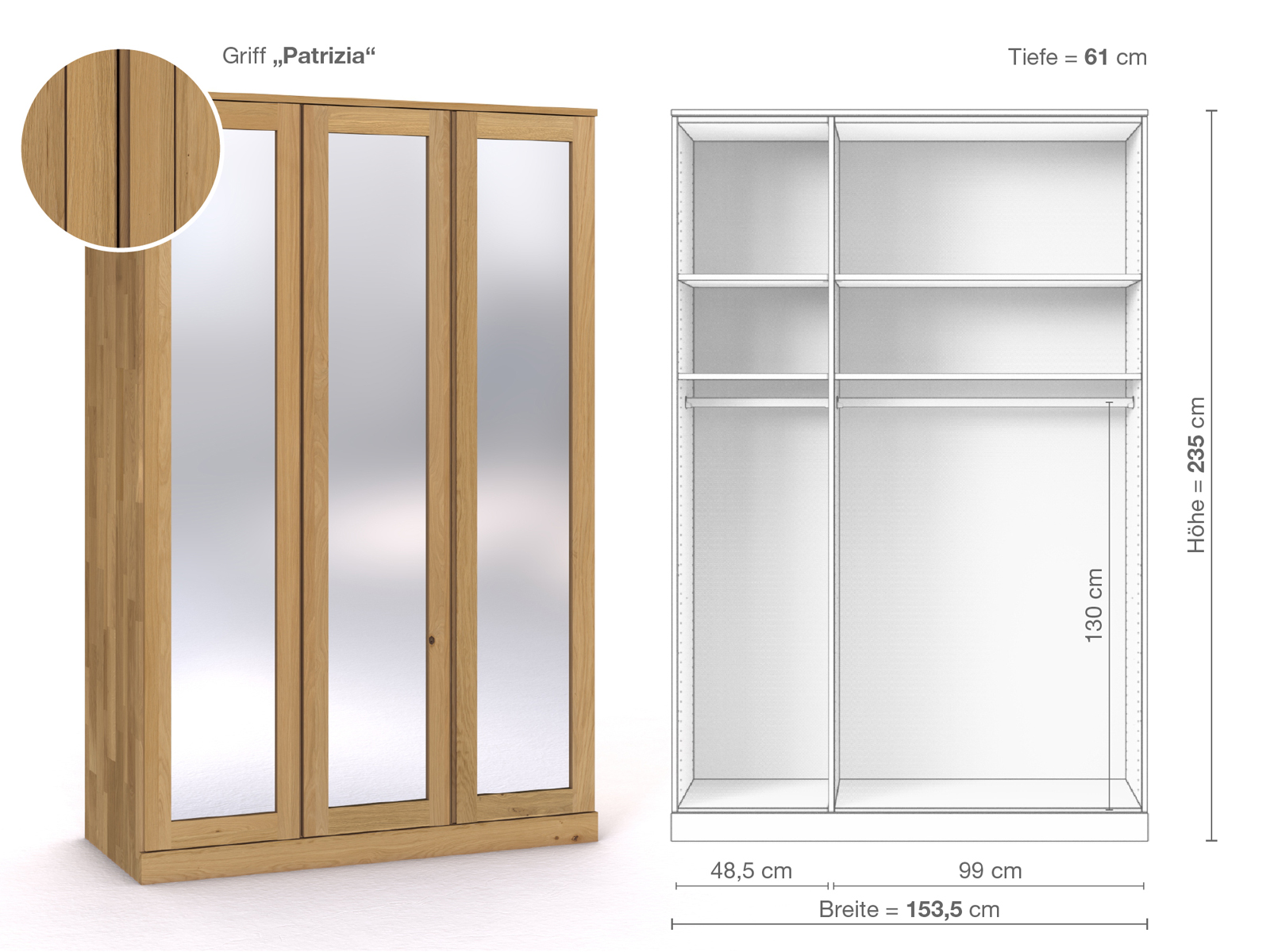 Schrank „Alpenrose“ aus Eiche Hell, 3-türig, Höhe 235 cm, Griffausführung „Patrizia“, Inneneinrichtung A