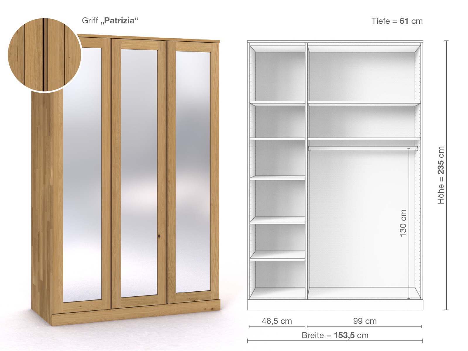 Schrank „Alpenrose“ aus Eiche Hell, 3-türig, Höhe 235 cm, Griffausführung „Patrizia“, Inneneinrichtung B