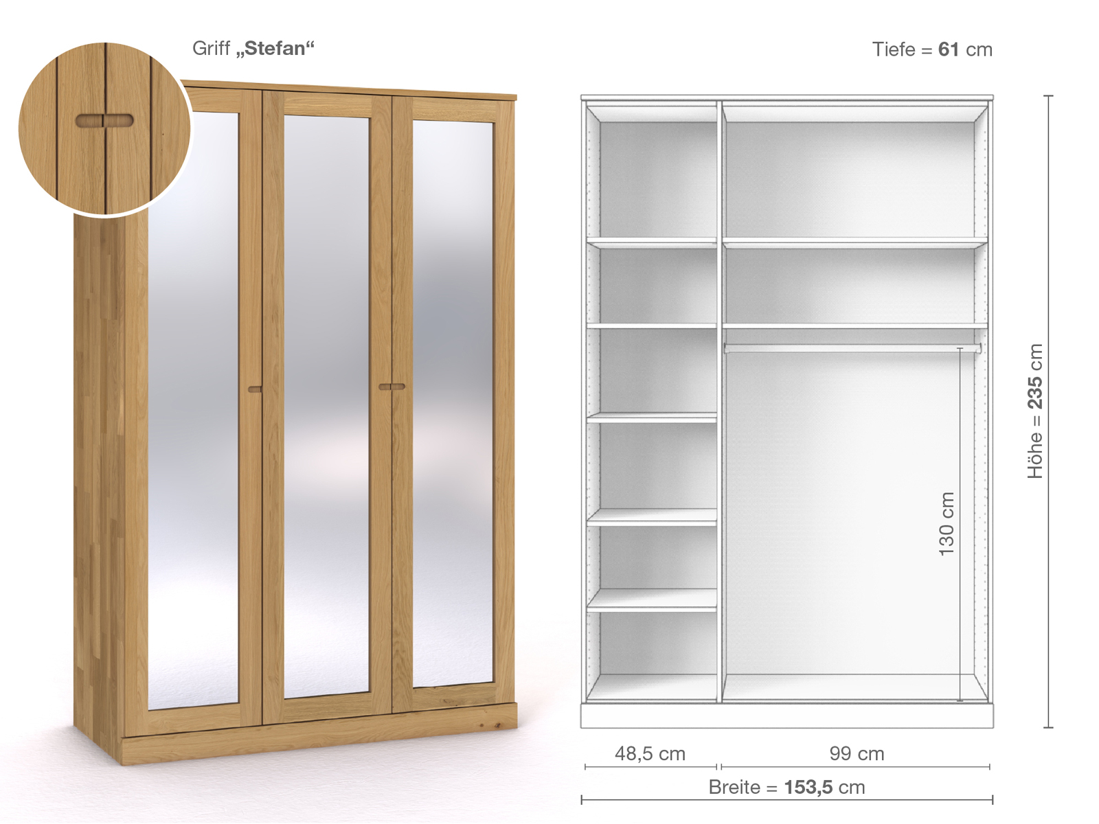 Schrank „Alpenrose“ aus Eiche Hell, 3-türig, Höhe 235 cm, Griffausführung „Stefan“, Inneneinrichtung B