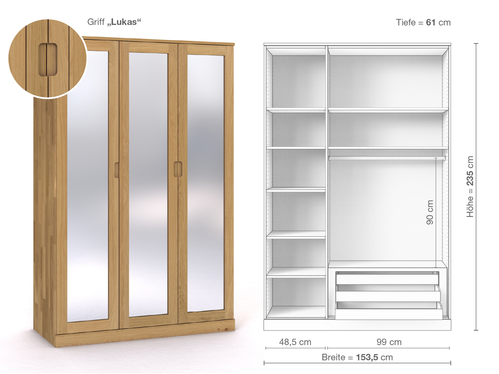 Schrank „Alpenrose“ aus Eiche Hell, 3-türig, Höhe 235 cm, Griffausführung „Lukas“, Inneneinrichtung C