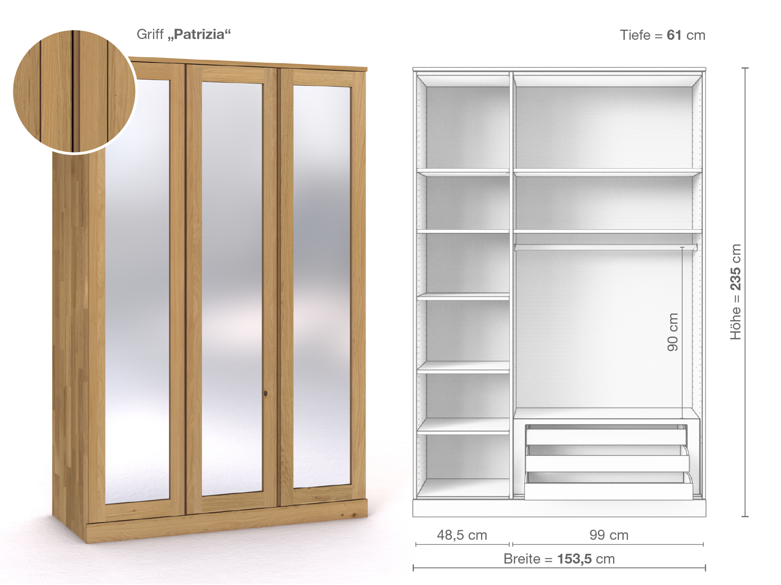 Schrank „Alpenrose“ aus Eiche Hell, 3-türig, Höhe 235 cm, Griffausführung „Patrizia“, Inneneinrichtung C