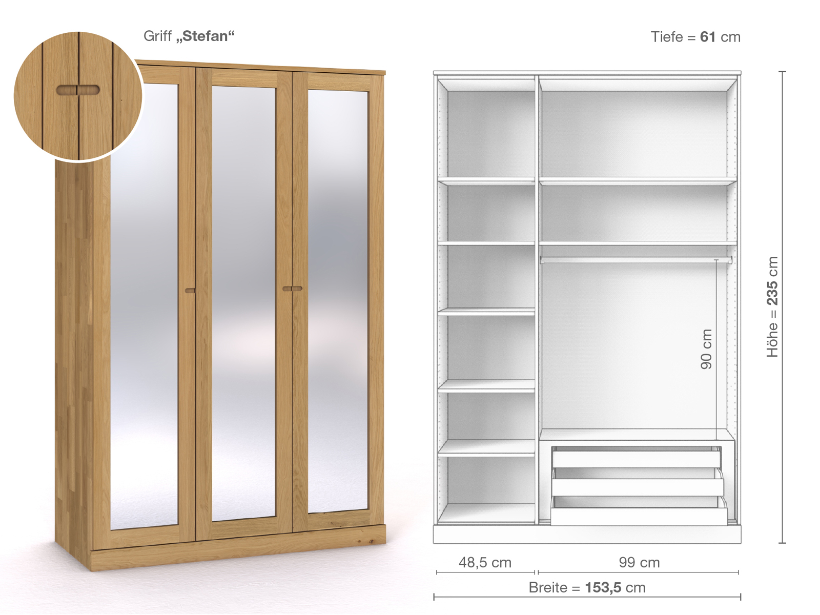 Schrank „Alpenrose“ aus Eiche Hell, 3-türig, Höhe 235 cm, Griffausführung „Stefan“, Inneneinrichtung C