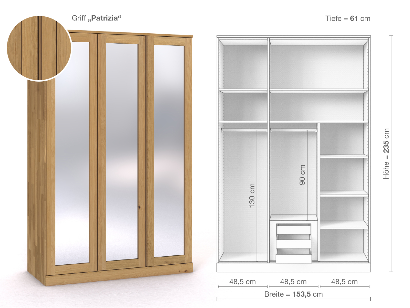 Schrank „Alpenrose“ aus Eiche Hell, 3-türig, Höhe 235 cm, Griffausführung „Patrizia“, Inneneinrichtung D