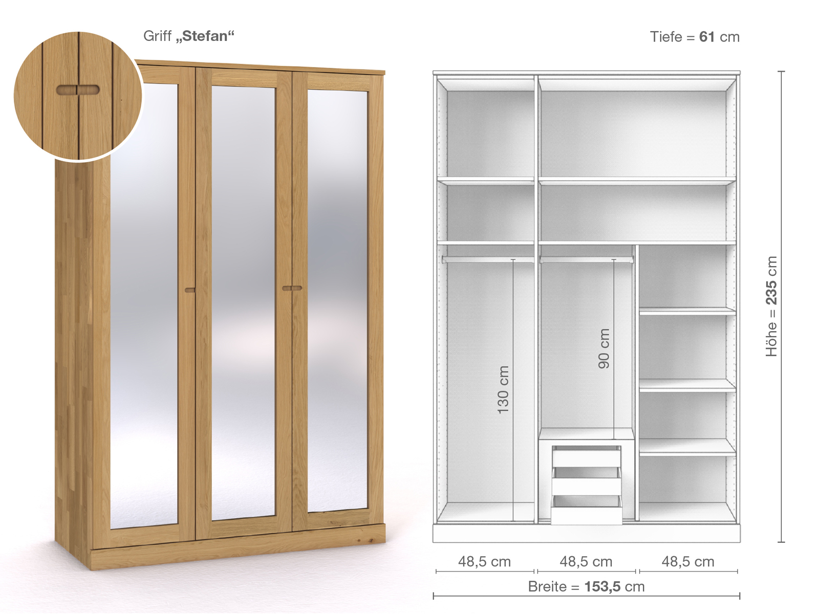 Schrank „Alpenrose“ aus Eiche Hell, 3-türig, Höhe 235 cm, Griffausführung „Stefan“, Inneneinrichtung D