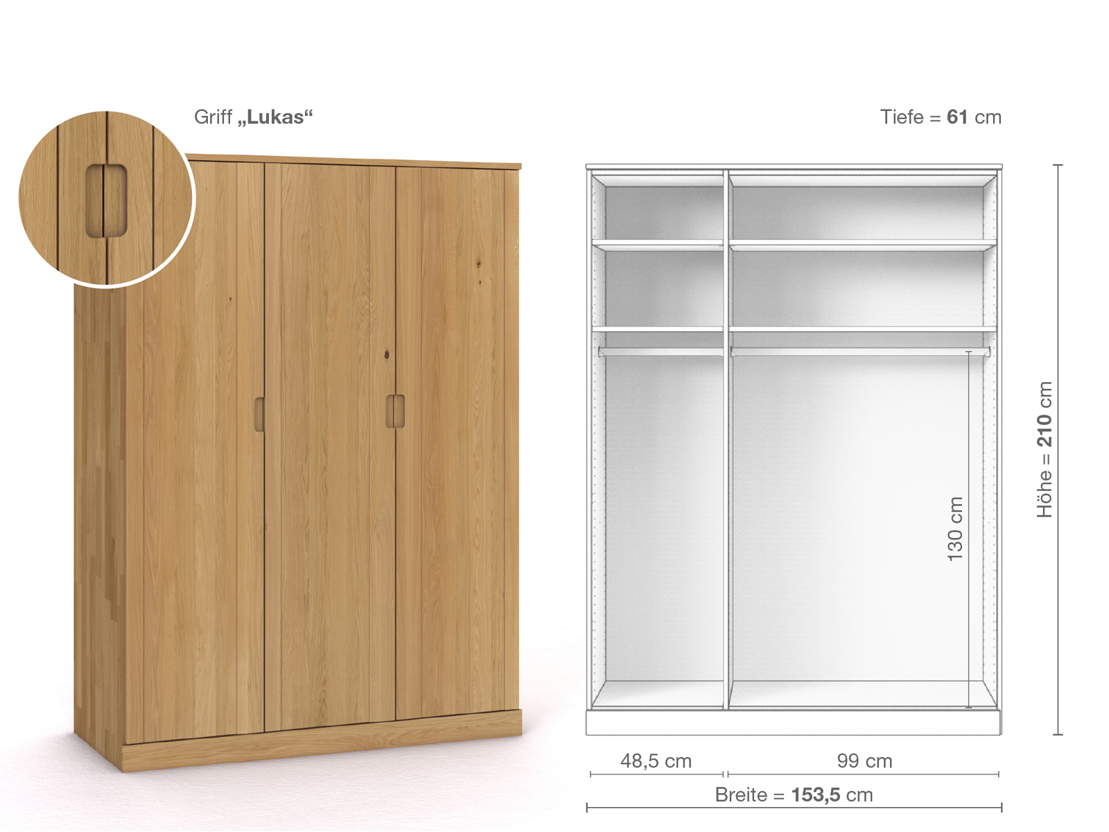 Schrank „Arnika“ aus Eiche Hell, 3-türig, Höhe 210 cm, Griffausführung „Lukas“, Inneneinrichtung A