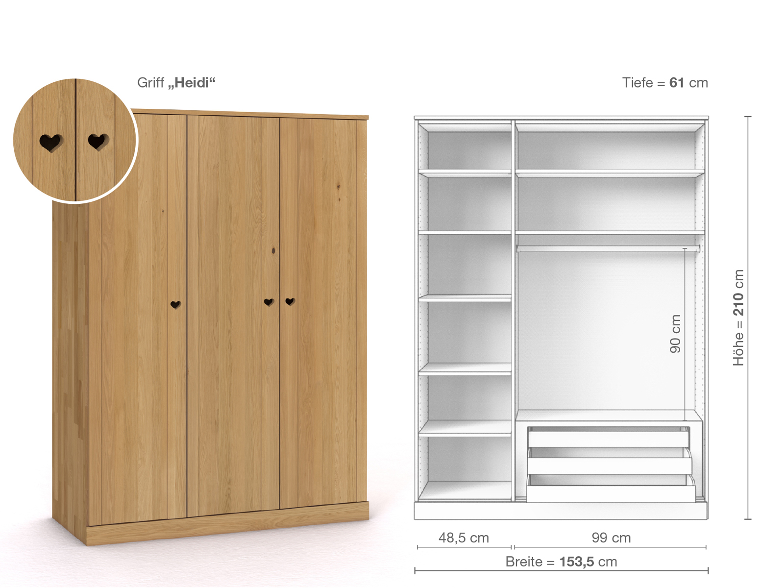 Schrank „Arnika“ aus Eiche Hell, 3-türig, Höhe 210 cm, Griffausführung „Heidi“, Inneneinrichtung C